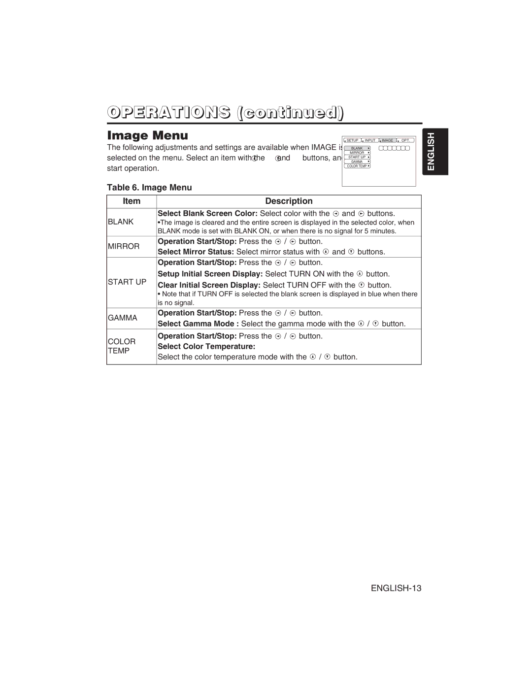 Dukane 28A8751 Image Menu Description, Setup Initial Screen Display Select Turn on with, Select Color Temperature 