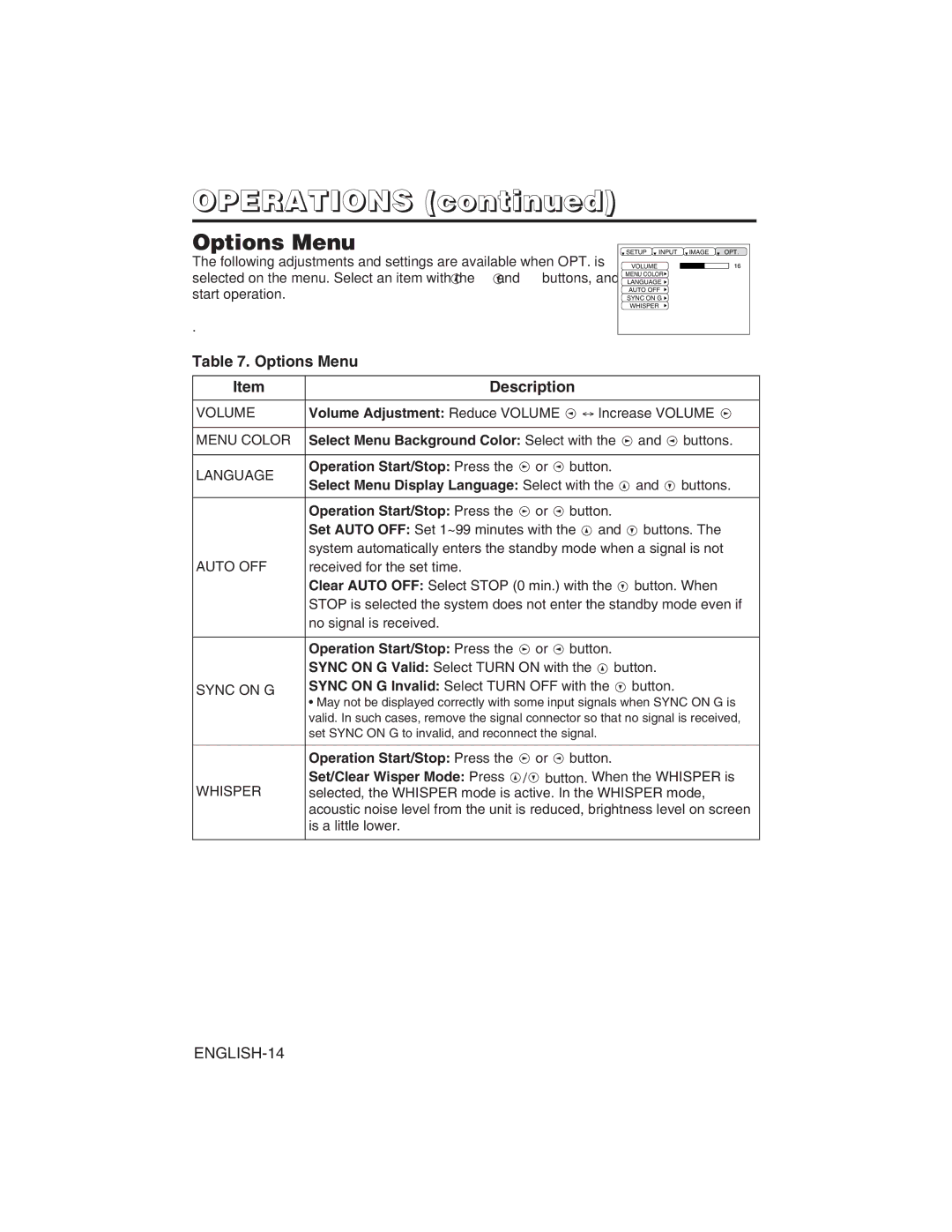 Dukane 28A8751 user manual Options Menu Description, Select Menu Background Color Select with 