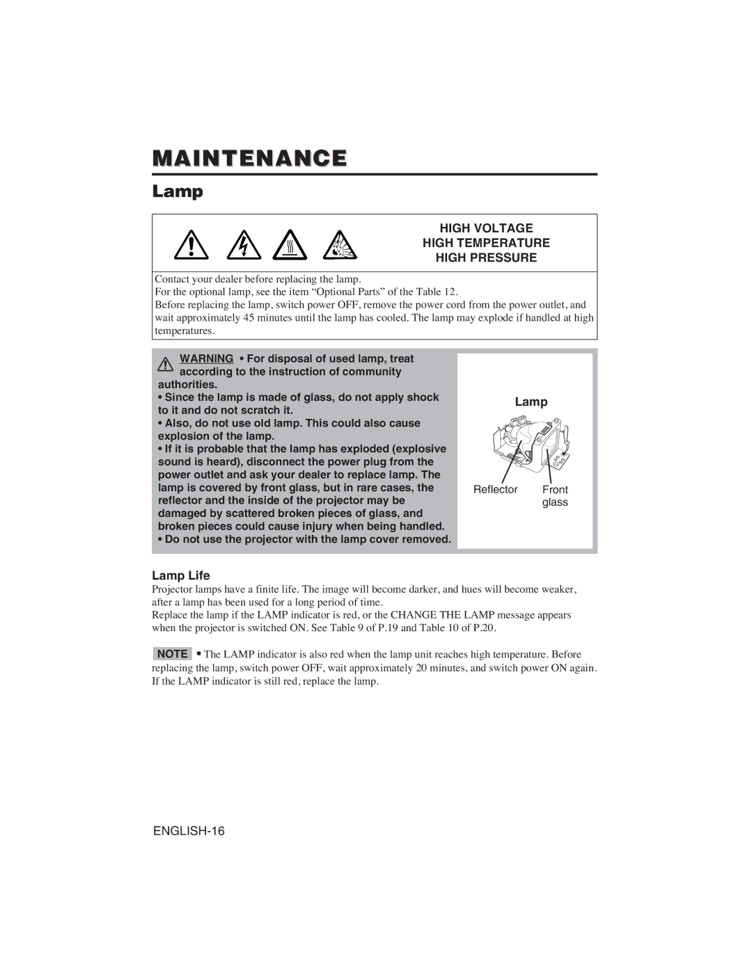 Dukane 28A8751 user manual Maintenance, Lamp Life, Reflector Front glass 