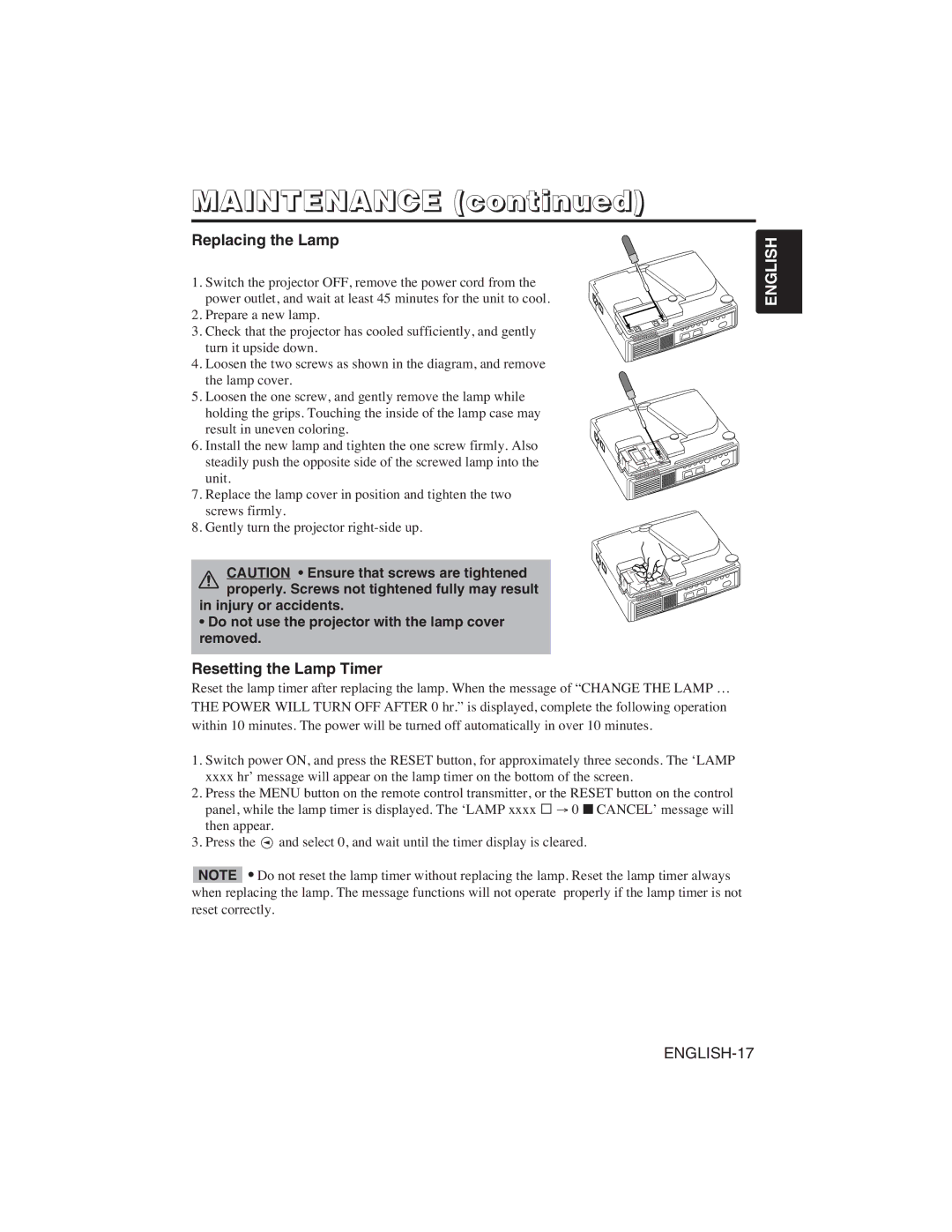 Dukane 28A8751 user manual Maintenance, Replacing the Lamp, Resetting the Lamp Timer 