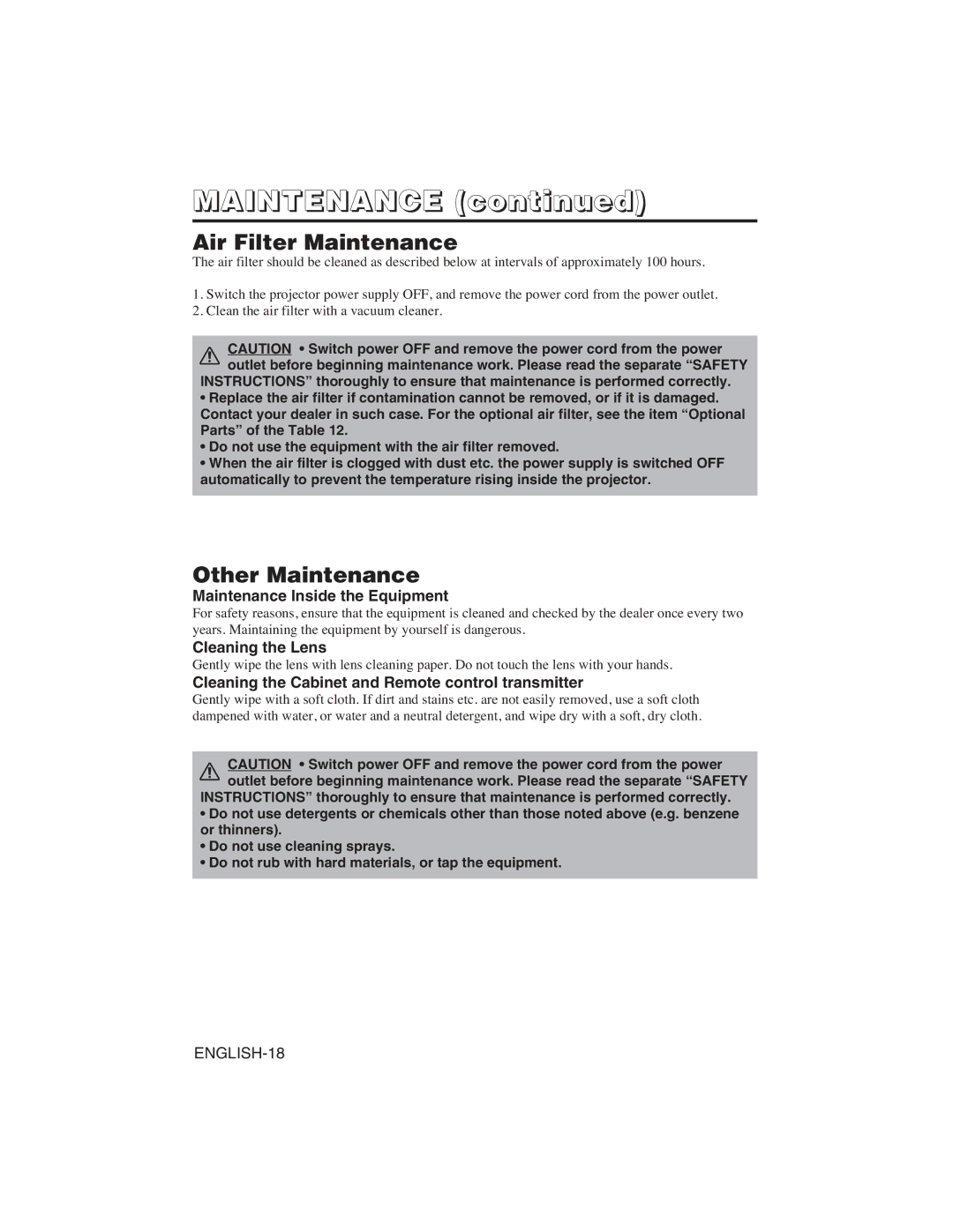 Dukane 28A8751 user manual Air Filter Maintenance, Other Maintenance, Maintenance Inside the Equipment, Cleaning the Lens 