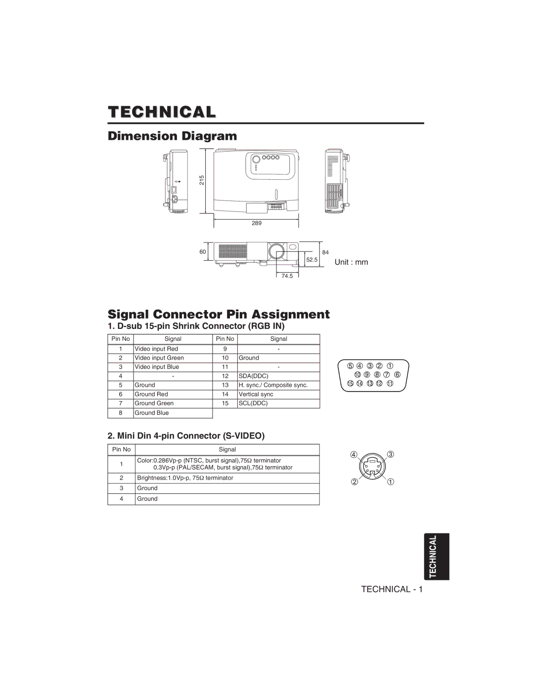 Dukane 28A8751 user manual Technical, Dimension Diagram, Signal Connector Pin Assignment, Sub 15-pin Shrink Connector RGB 