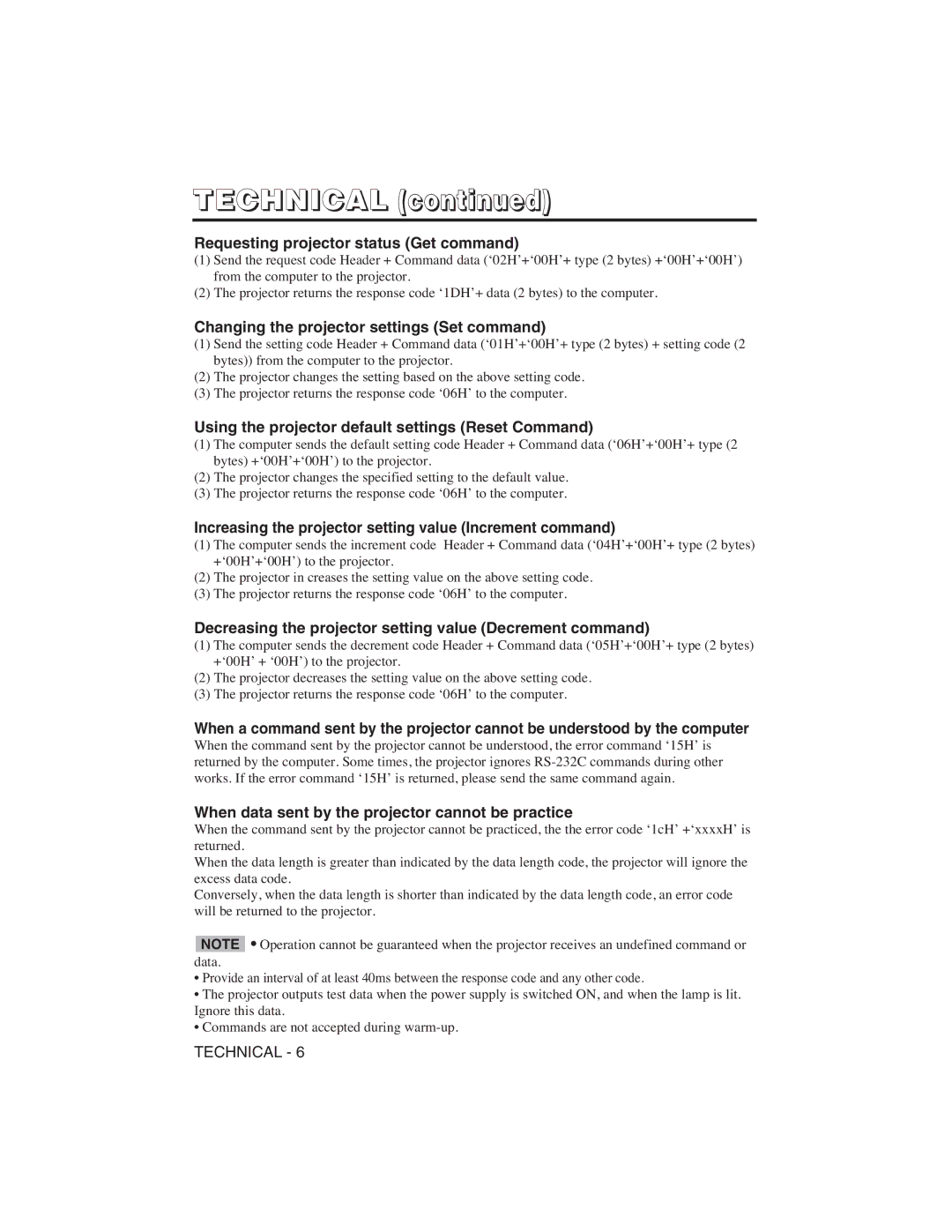 Dukane 28A8751 user manual Requesting projector status Get command, Changing the projector settings Set command 