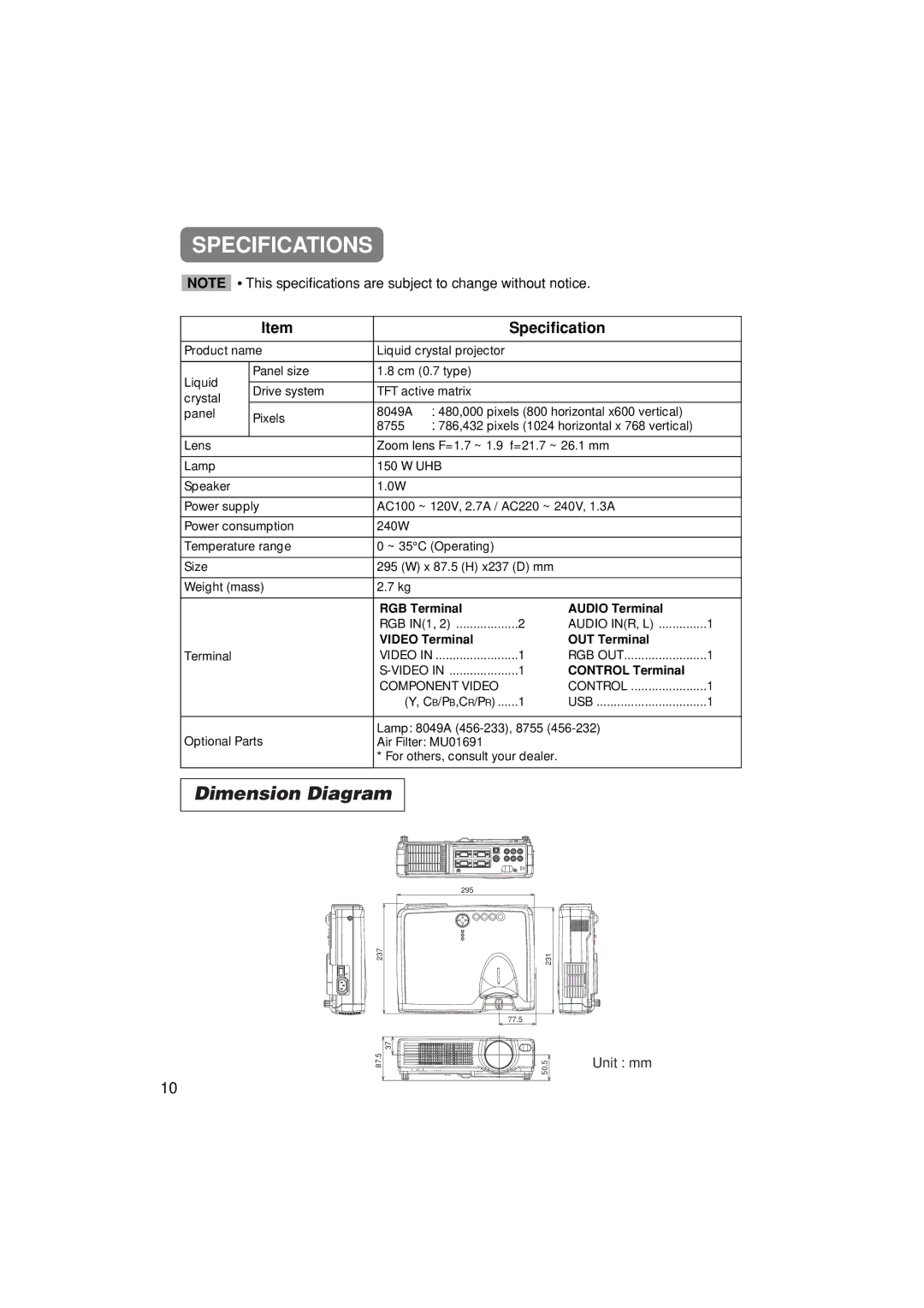 Dukane 28A8755A, 28A8049A user manual Specifications, Dimension Diagram 