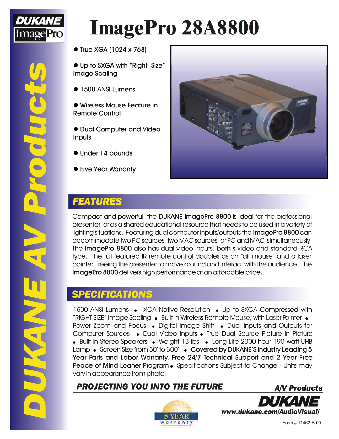 Dukane specifications Dukane AV Products, ImagePro 28A8800, Features, Specifications 