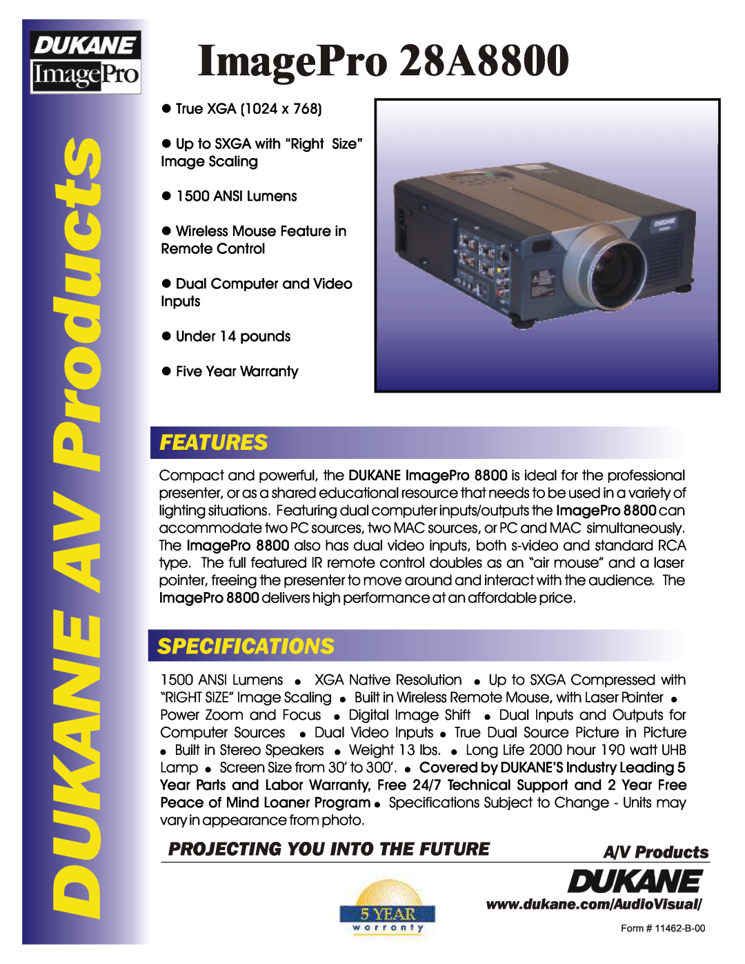 Dukane specifications DUKANE AV Products, ImagePro 28A8800, Features, Specifications 