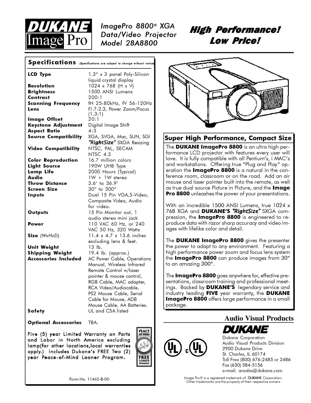 Dukane High Performance Low Price, ImagePro 8800 XGA Data/Video Projector Model 28A8800, Audio Visual Products 