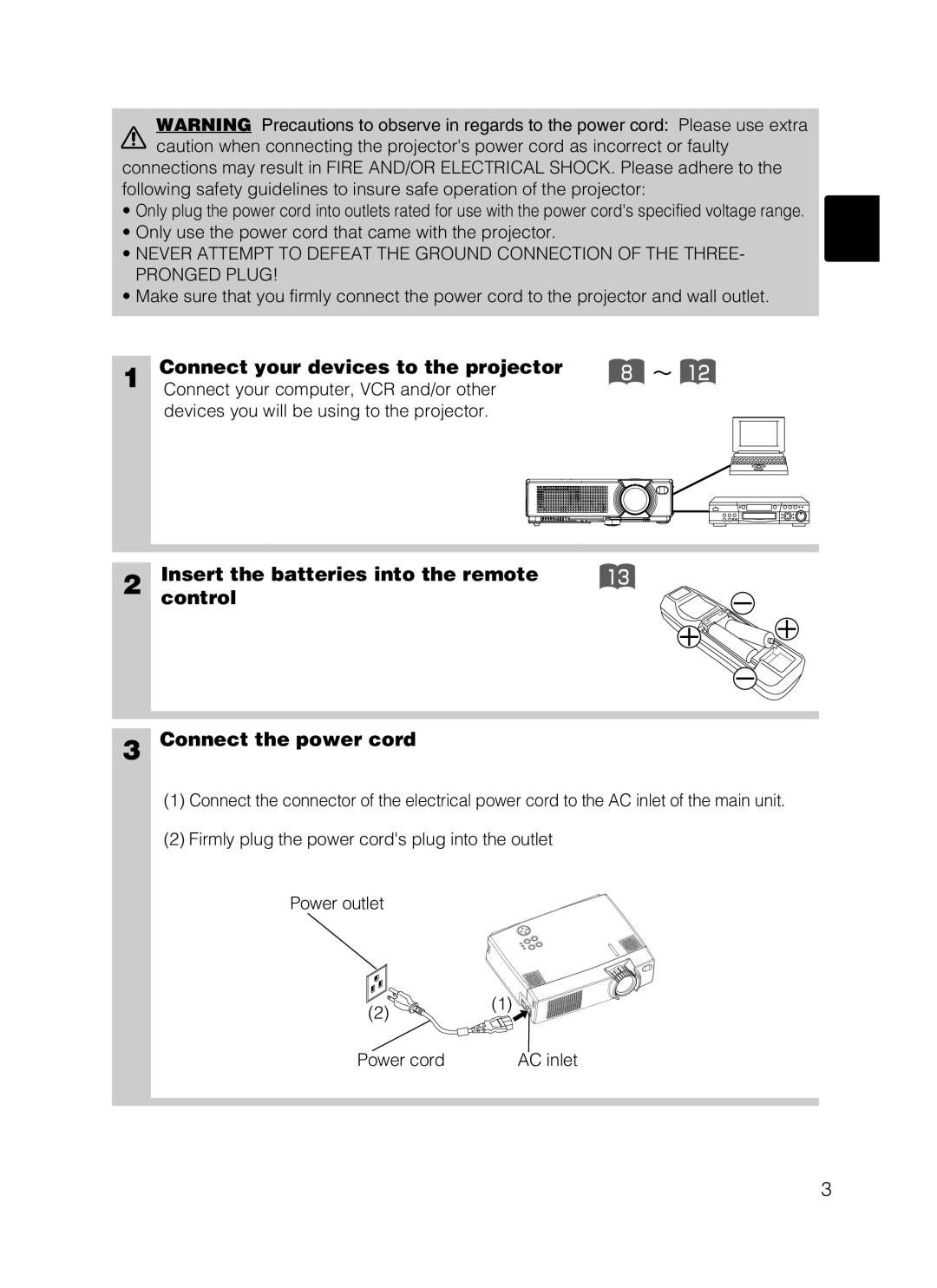 Dukane 28A8801A Only use the power cord that came with the projector, Devices you will be using to the projector 