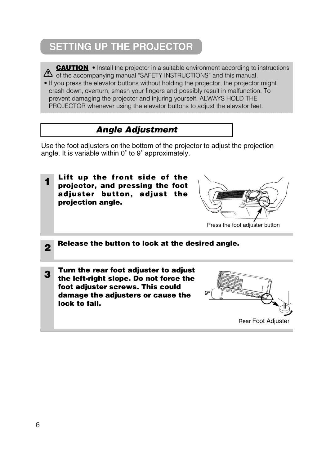 Dukane 28A8801A user manual Setting UP the Projector, Angle Adjustment 