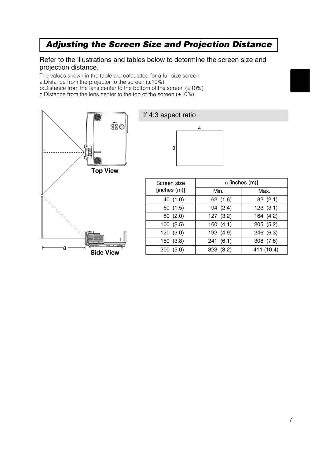 Dukane 28A8801A user manual Adjusting the Screen Size and Projection Distance, Top View Side View 