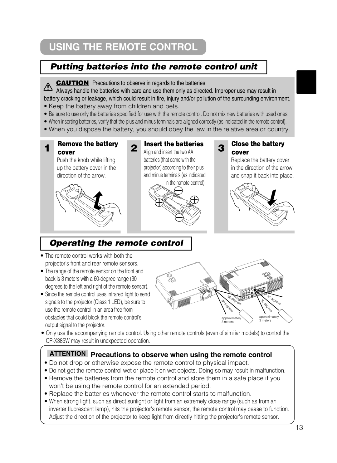 Dukane 28A8801A Using the Remote Control, Putting batteries into the remote control unit, Operating the remote control 