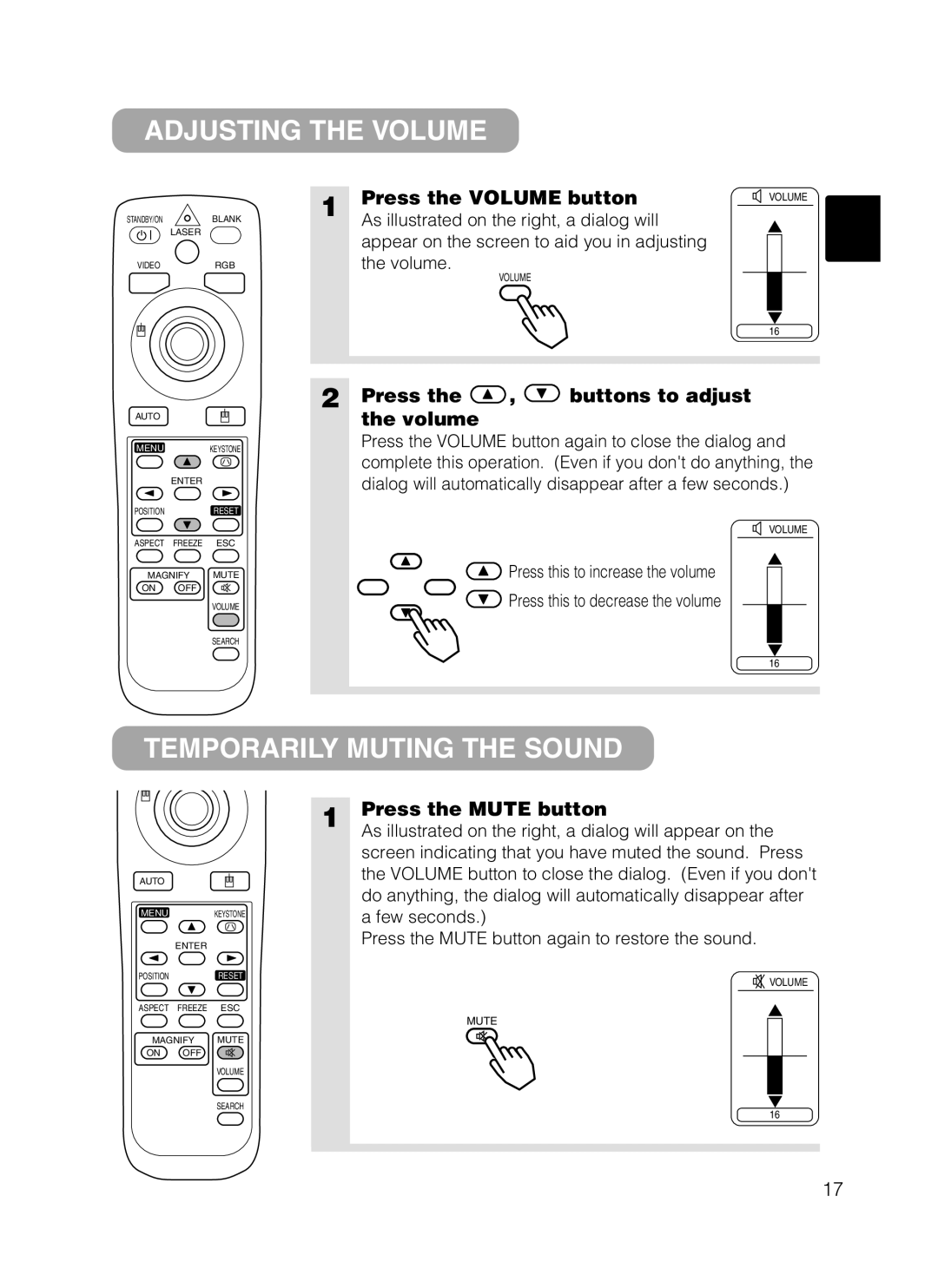 Dukane 28A8801A Adjusting the Volume, Temporarily Muting the Sound, Press the Volume button, Press the Mute button 