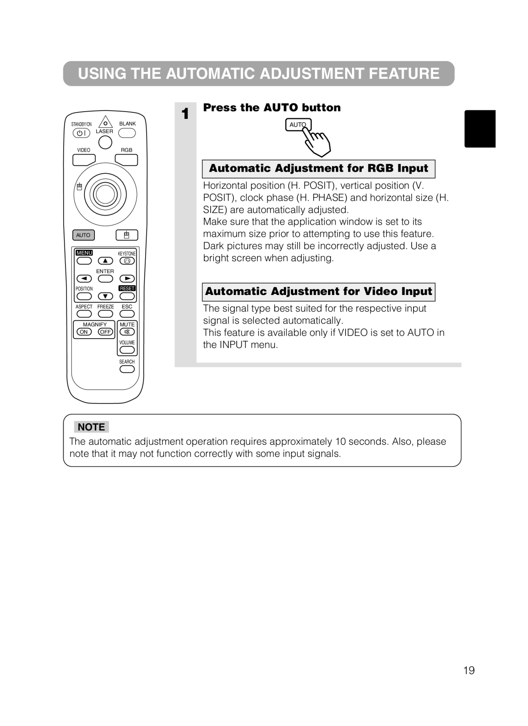 Dukane 28A8801A Using the Automatic Adjustment Feature, Press the Auto button, Automatic Adjustment for RGB Input 