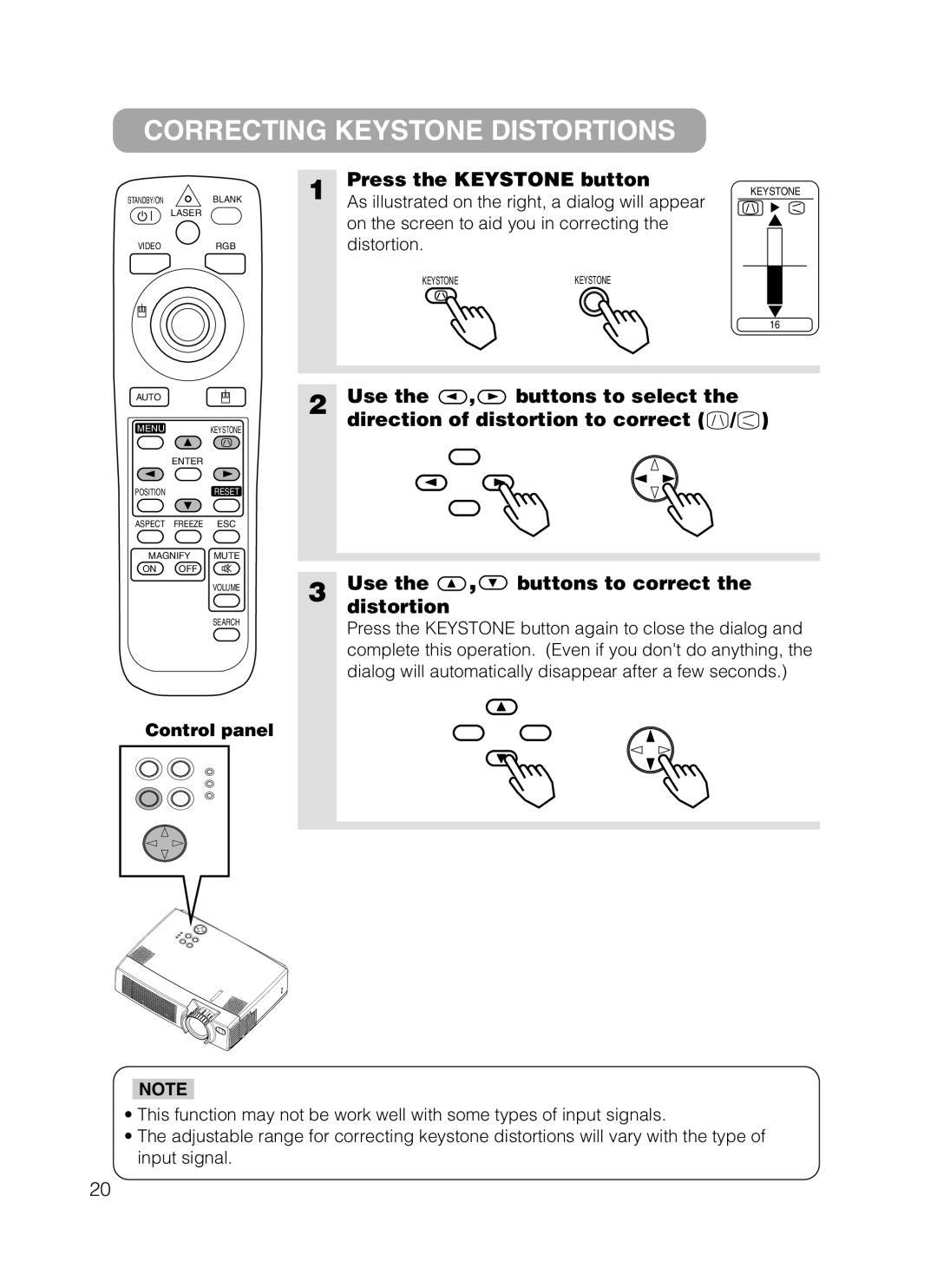 Dukane 28A8801A Correcting Keystone Distortions, Press the Keystone button, On the screen to aid you in correcting 