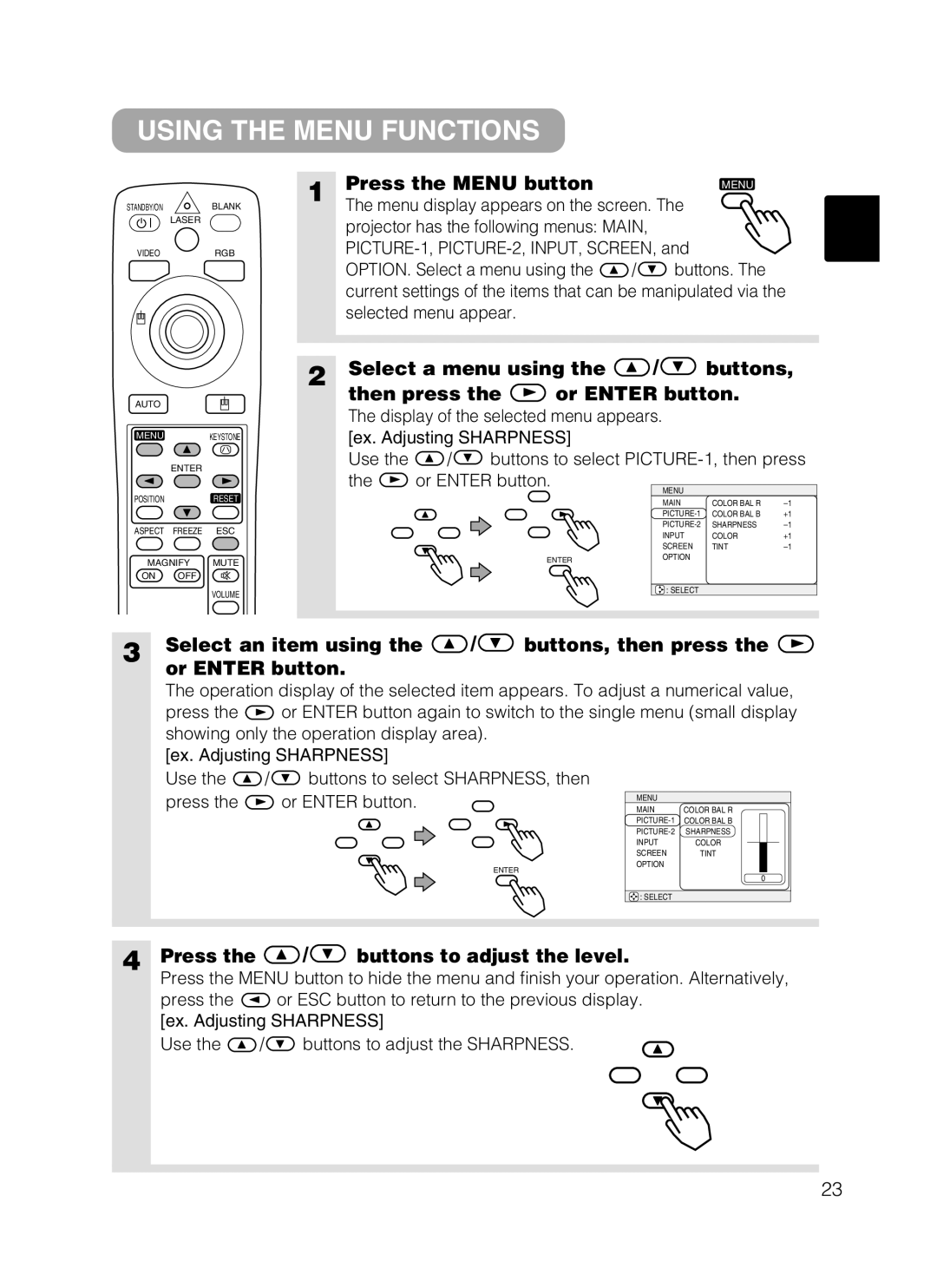 Dukane 28A8801A Using the Menu Functions, Press the Menu button, Select a menu using Buttons Then press Or Enter button 