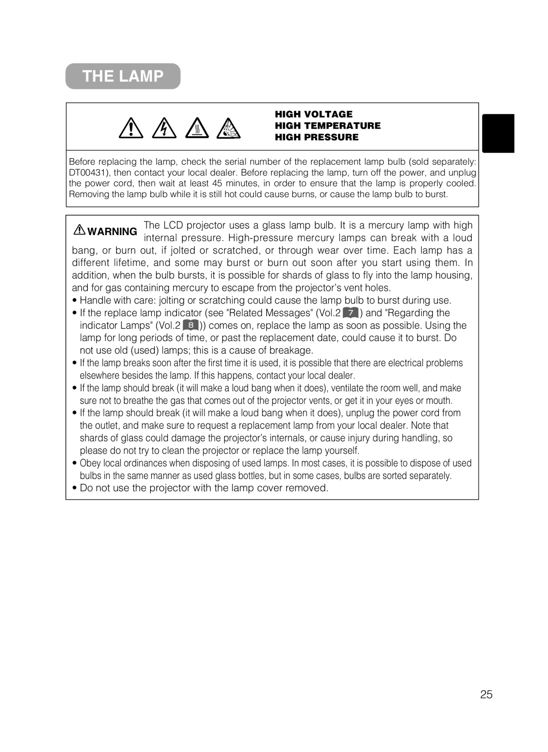 Dukane 28A8801A Lamp, Do not use the projector with the lamp cover removed, High Voltage High Temperature High Pressure 