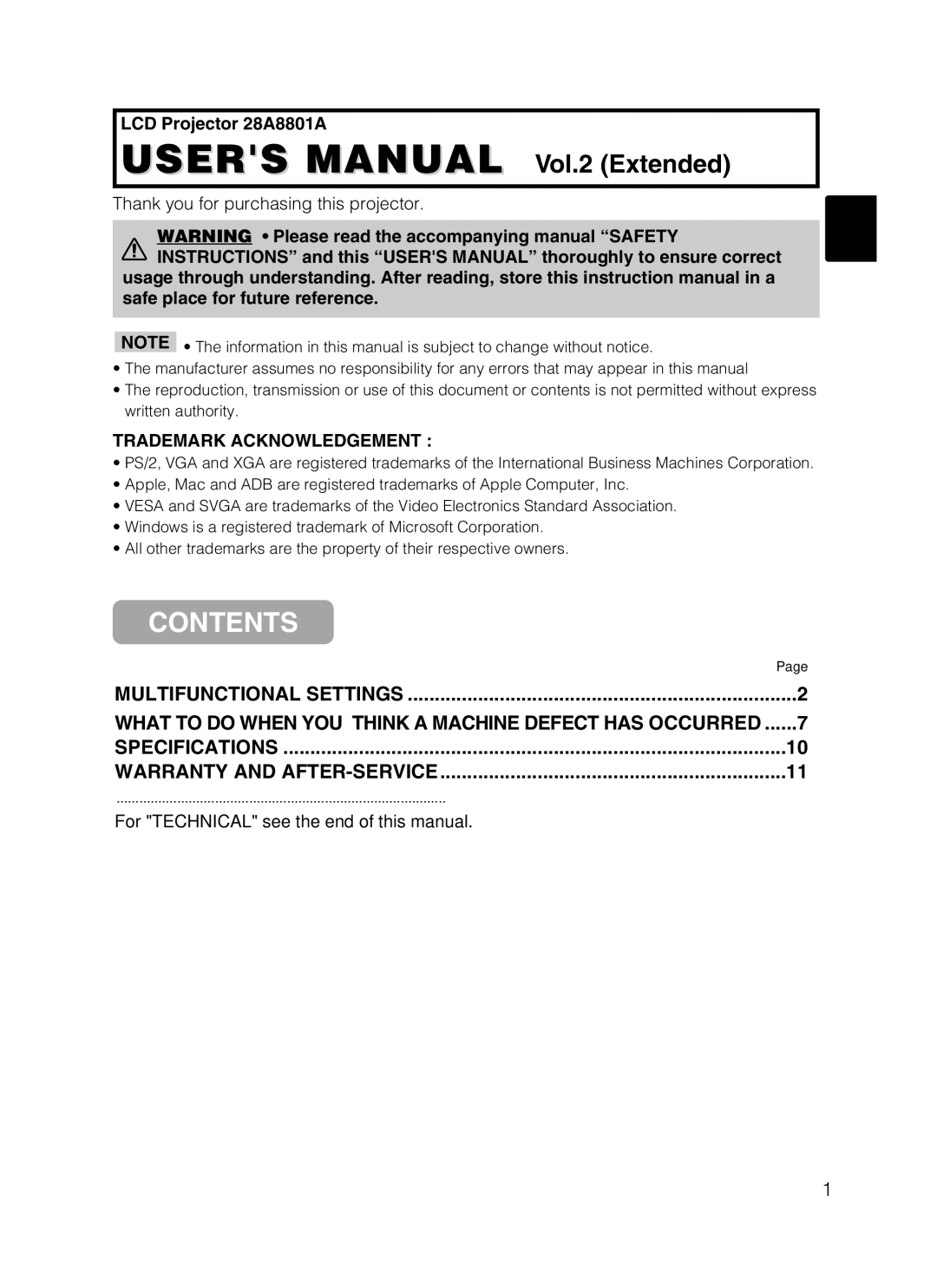 Dukane user manual LCD Projector 28A8801A, For Technical see the end of this manual 