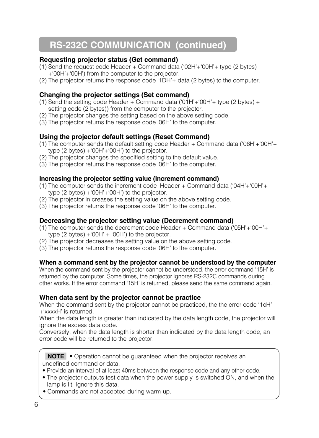 Dukane 28A8801A user manual Requesting projector status Get command, Changing the projector settings Set command 