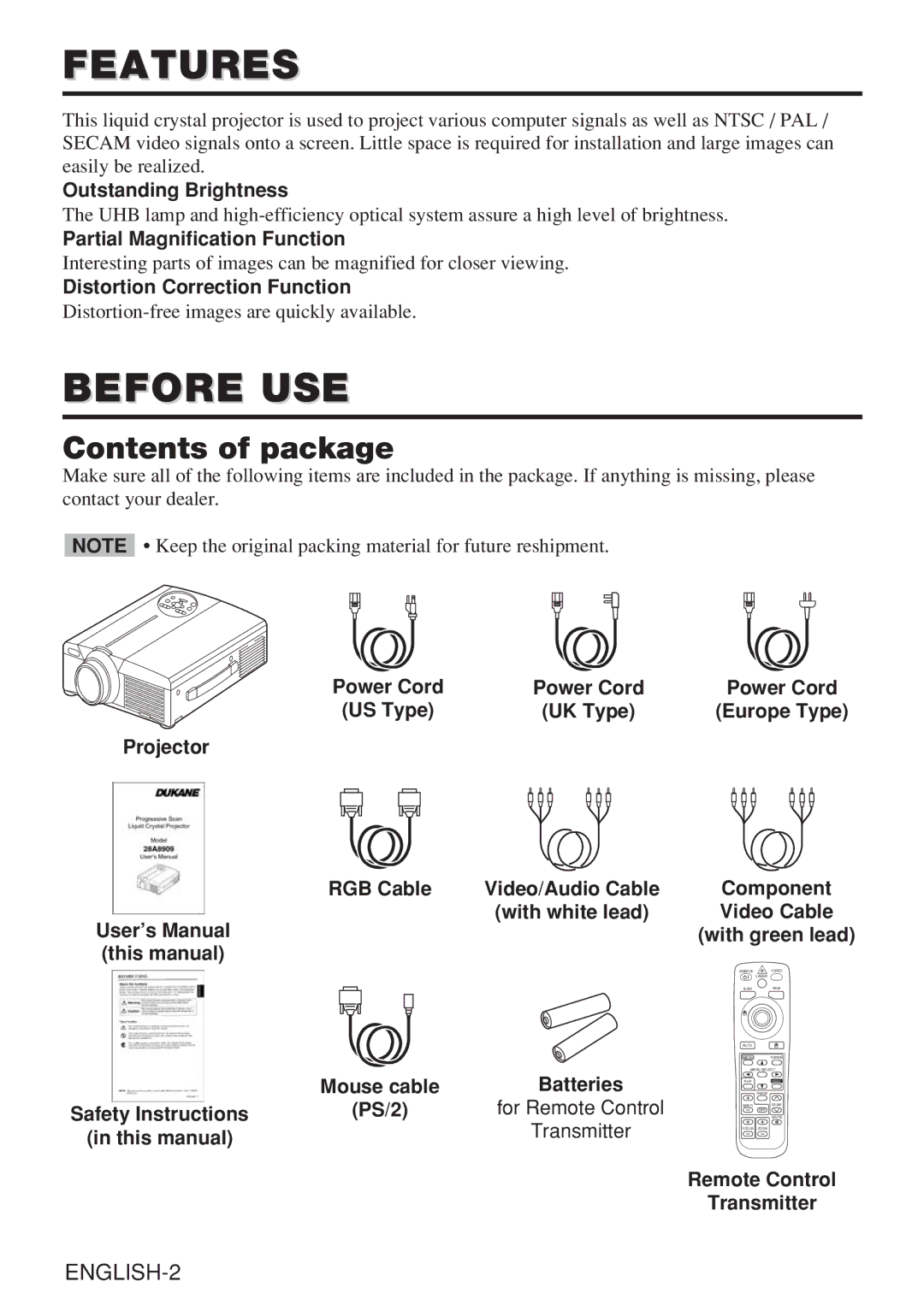 Dukane 28A8909 manual Features, Before USE, Contents of package 