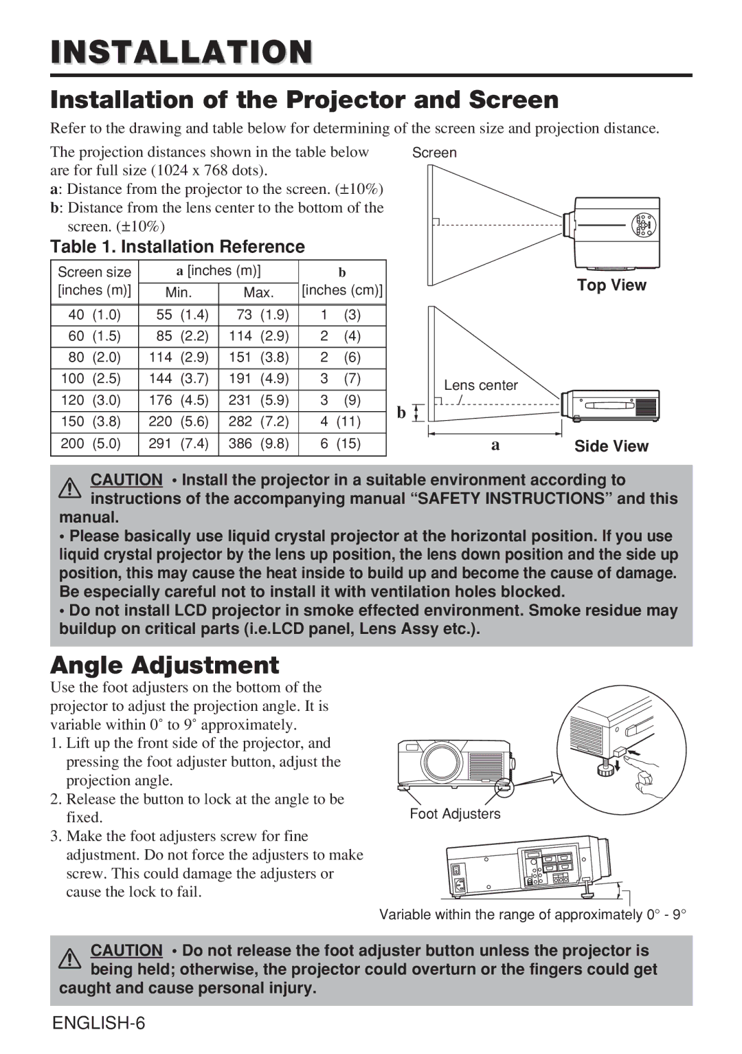 Dukane 28A8909 manual Installation of the Projector and Screen, Angle Adjustment, Installation Reference 