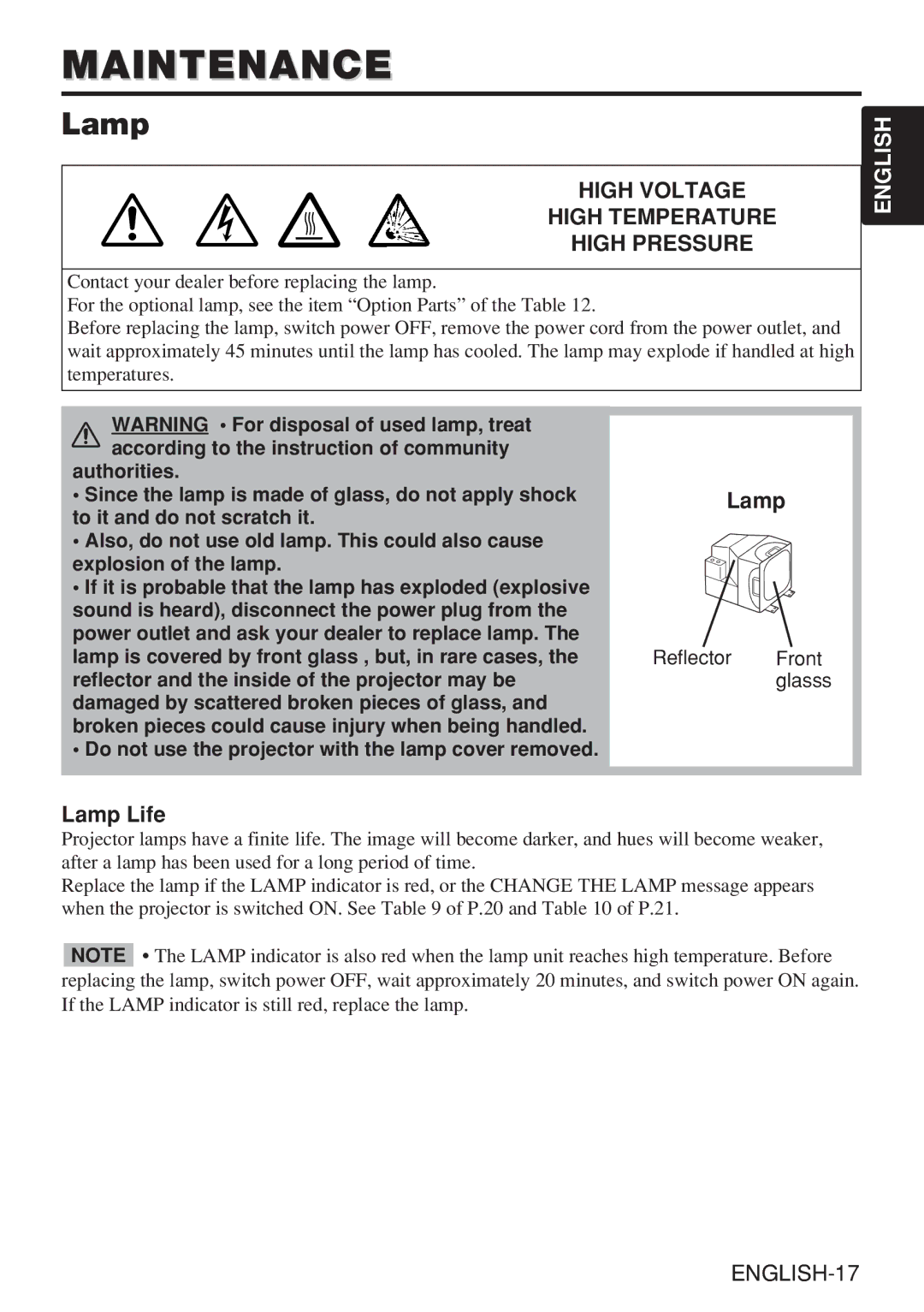 Dukane 28A8909 manual Maintenance, Lamp Life 