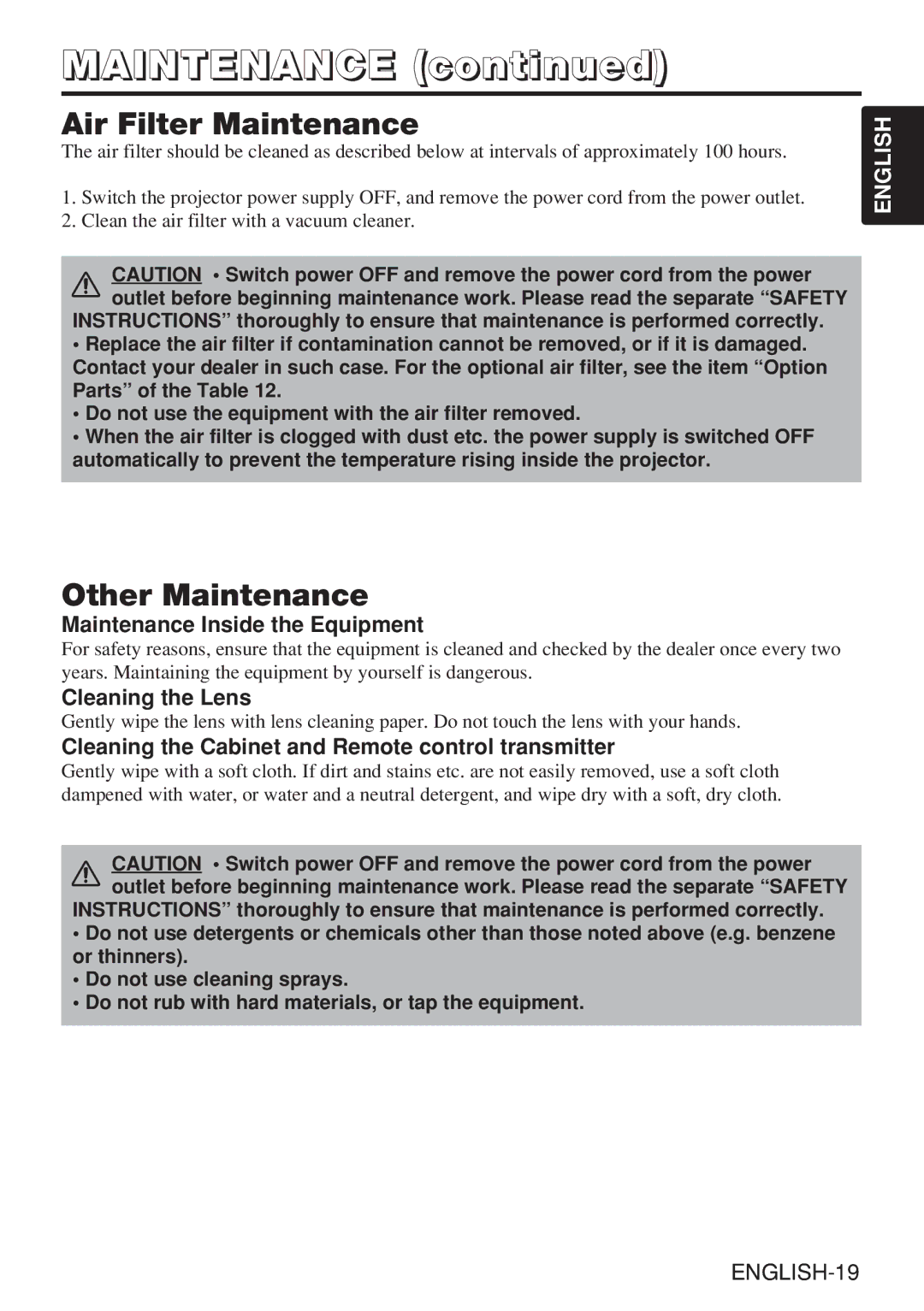 Dukane 28A8909 manual Air Filter Maintenance, Other Maintenance, Maintenance Inside the Equipment, Cleaning the Lens 