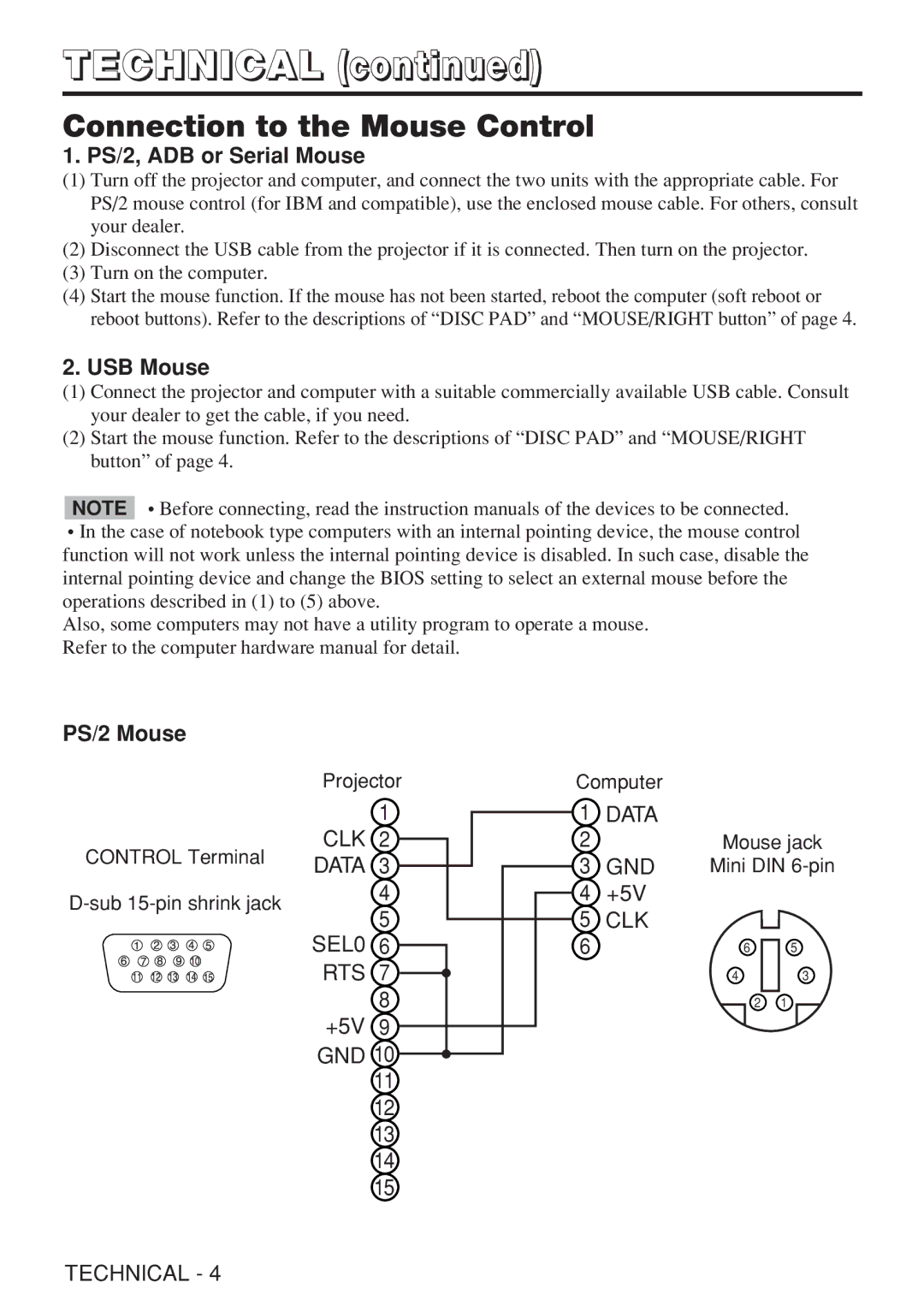 Dukane 28A8909 manual Connection to the Mouse Control, PS/2, ADB or Serial Mouse, USB Mouse, PS/2 Mouse 