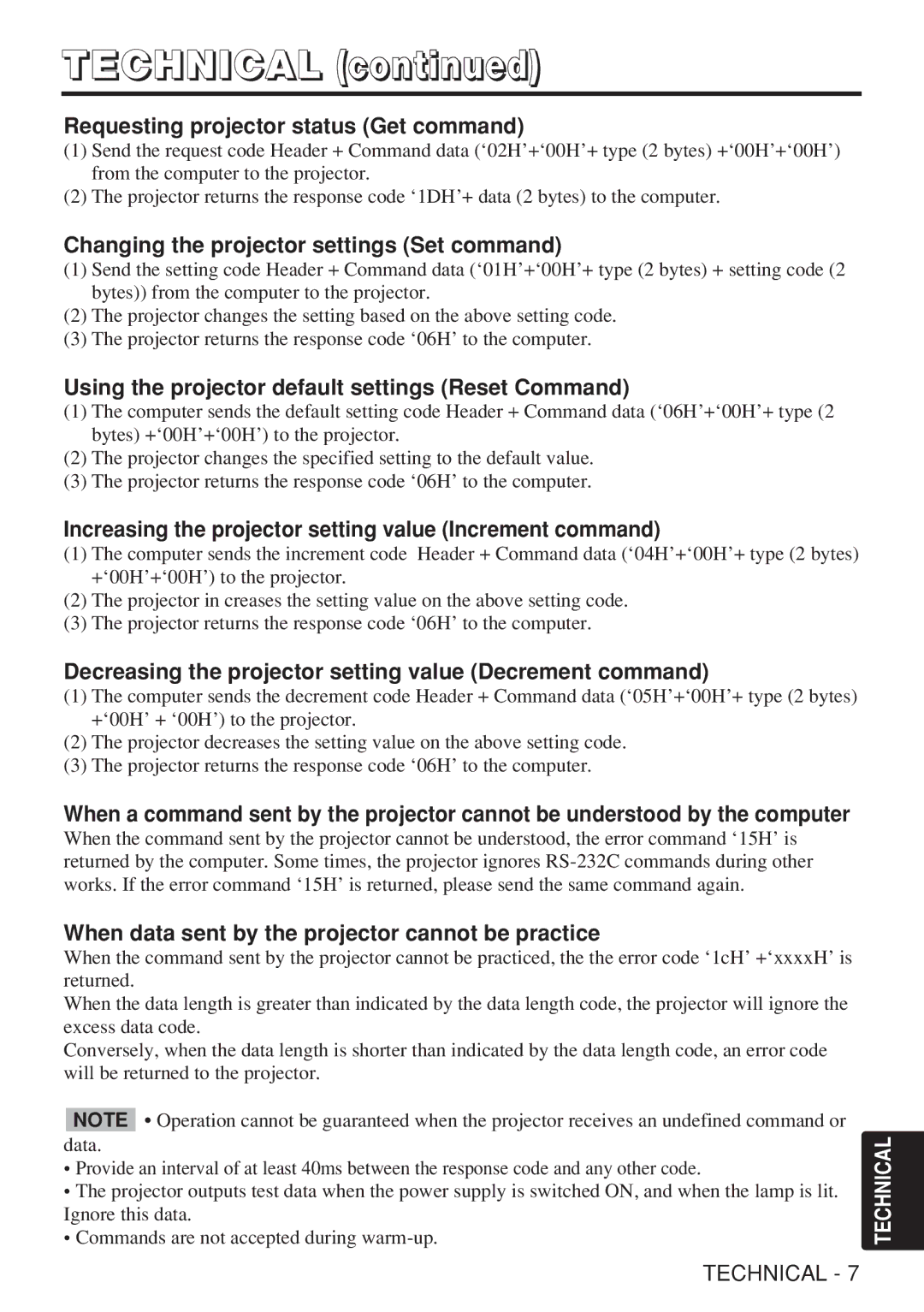 Dukane 28A8909 manual Requesting projector status Get command, Changing the projector settings Set command 