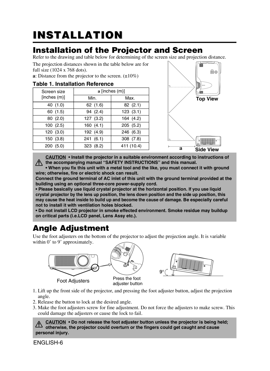 Dukane 28A8910 Installation of the Projector and Screen, Angle Adjustment, Installation Reference, Top View Side View 