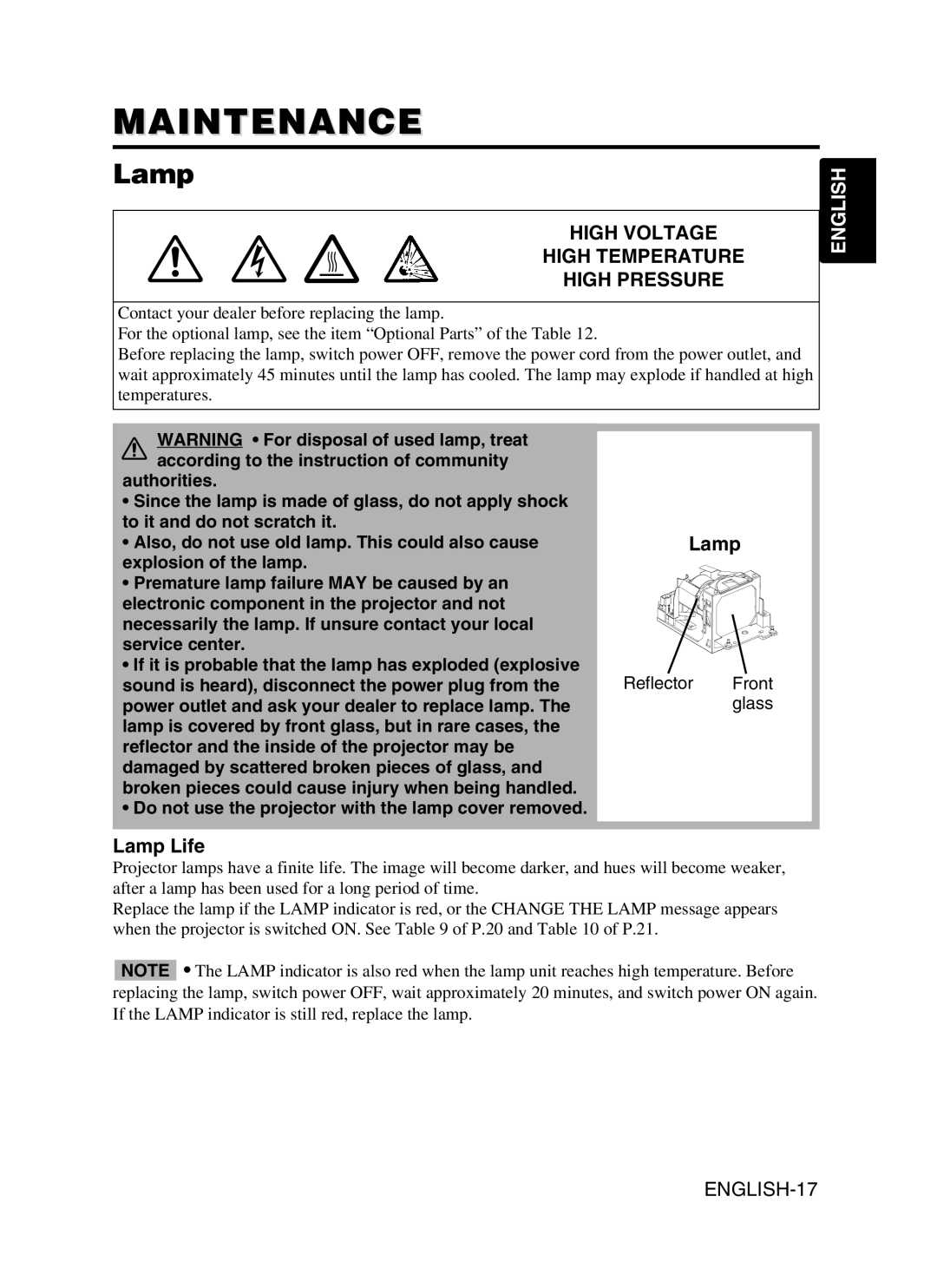 Dukane 28A8910 user manual Maintenance, Lamp Life, Reflector Front 