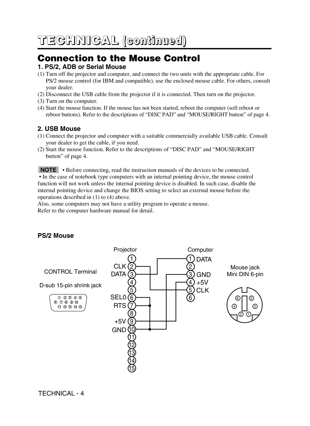 Dukane 28A8910 user manual Connection to the Mouse Control, PS/2, ADB or Serial Mouse, USB Mouse, PS/2 Mouse 