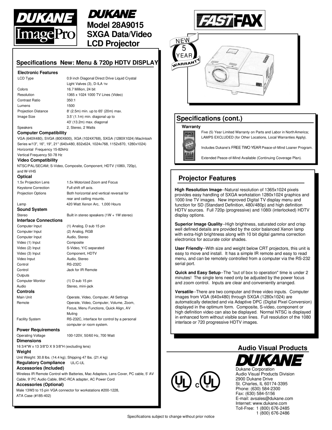 Dukane 28A9015 specifications Specifications, Projector Features, Audio Visual Products 