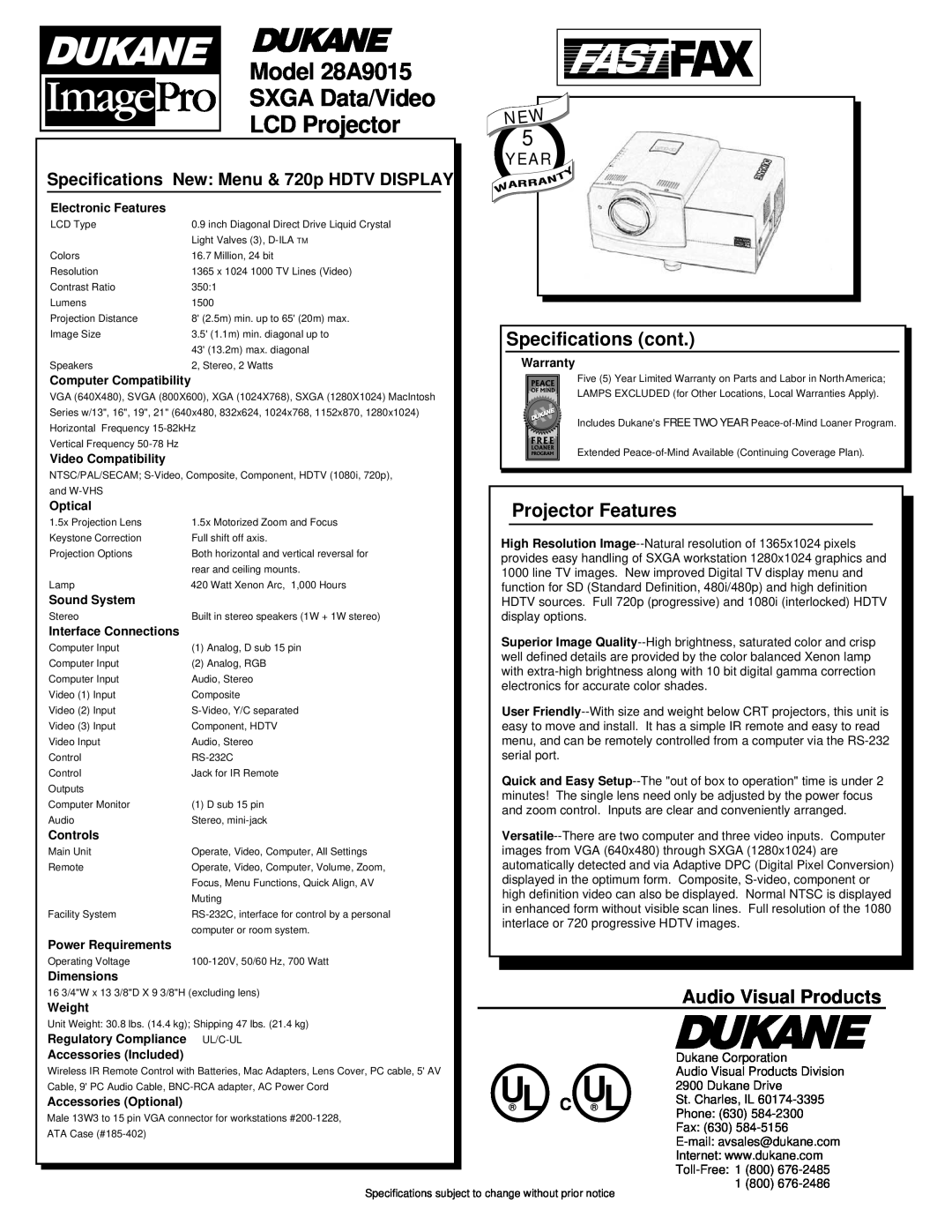 Dukane Model 28A9015, SXGA Data/Video, LCD Projector, Specifications cont, Projector Features, Audio Visual Products 