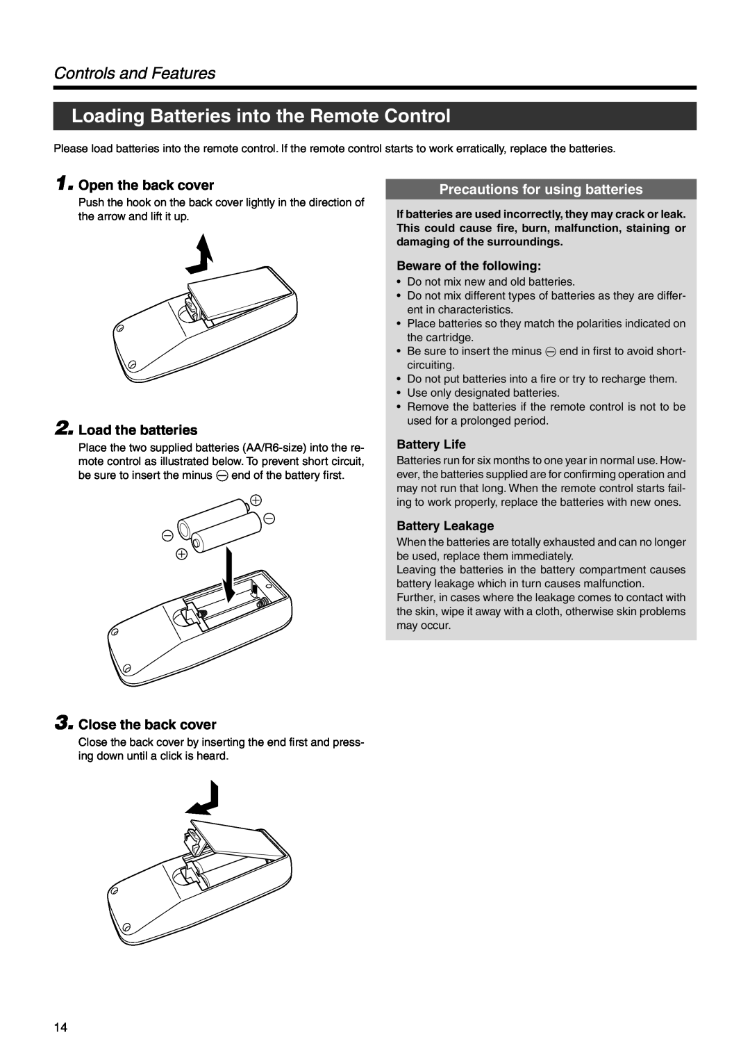 Dukane 28A9017 Loading Batteries into the Remote Control, Controls and Features, Open the back cover, Load the batteries 