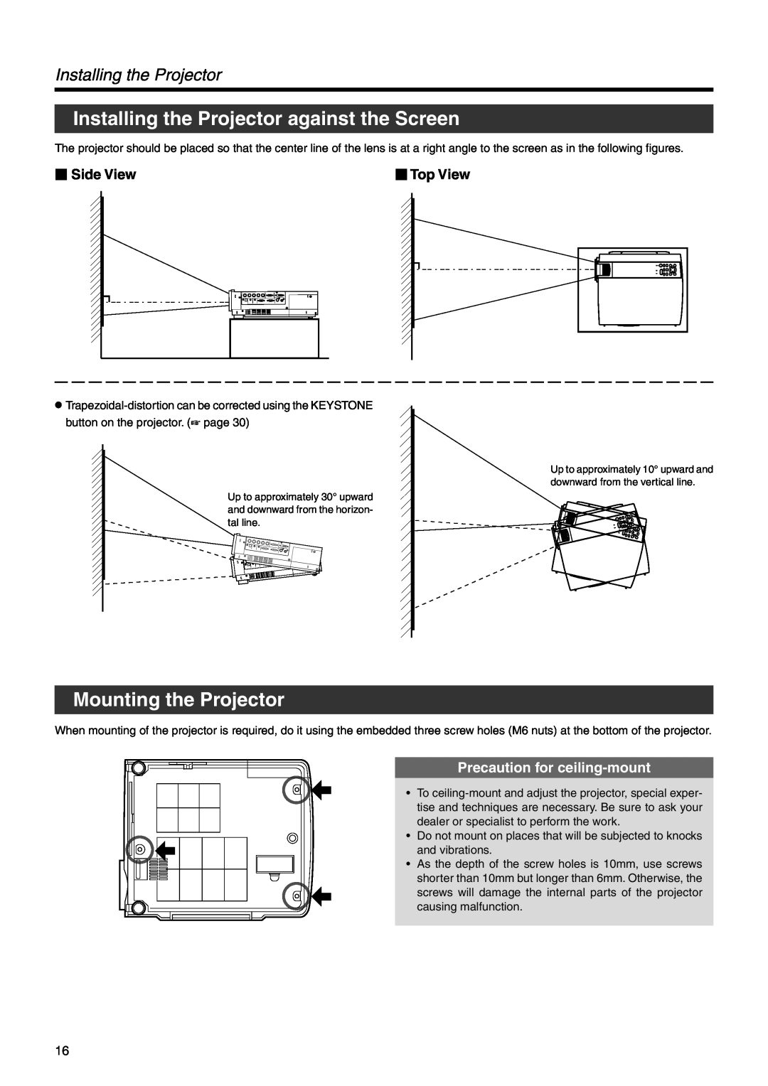 Dukane 28A9017 user manual Installing the Projector against the Screen, Mounting the Projector,  Side View,  Top View 