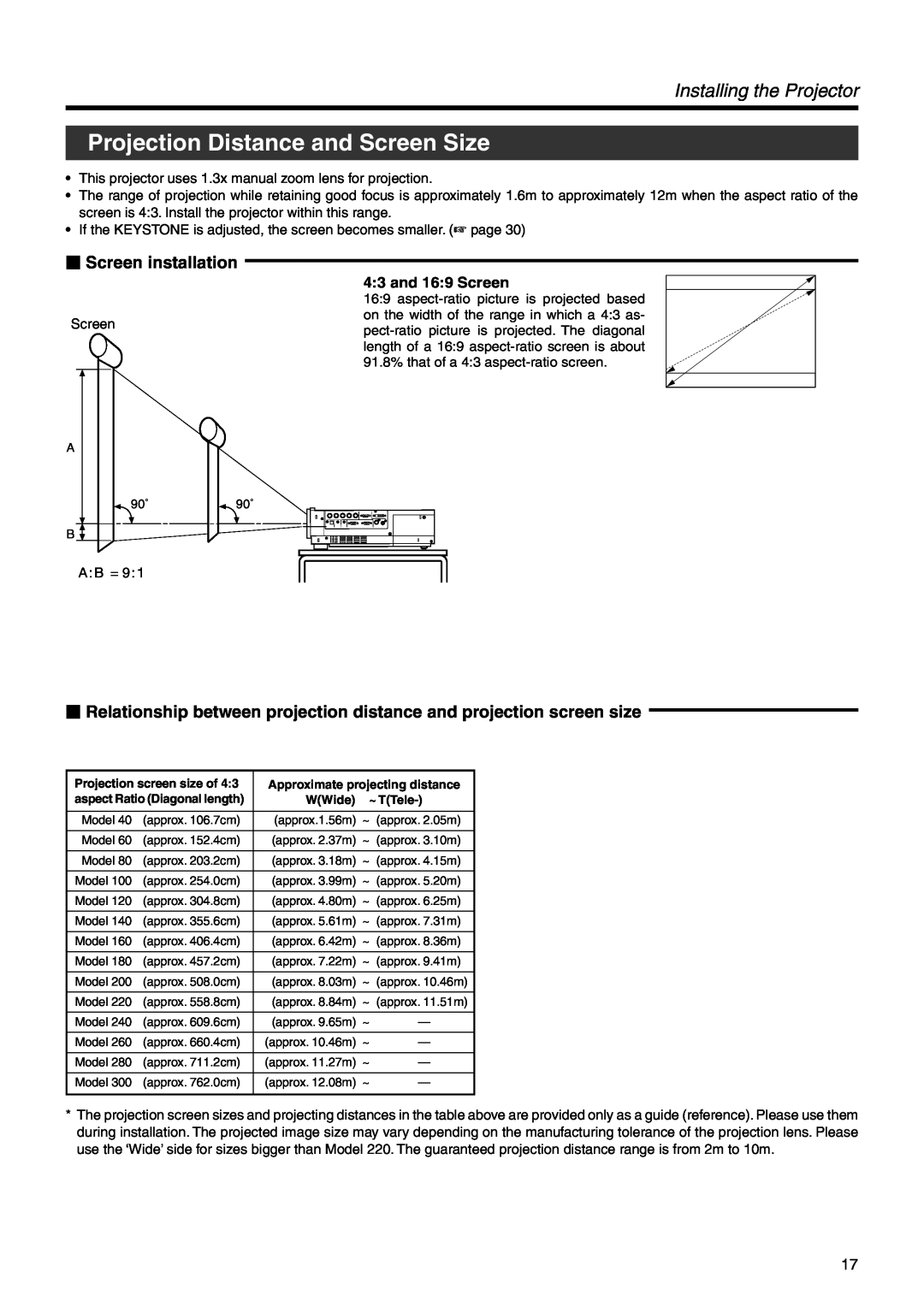 Dukane 28A9017 Projection Distance and Screen Size, Installing the Projector,  Screen installation, and 169 Screen, WWide 