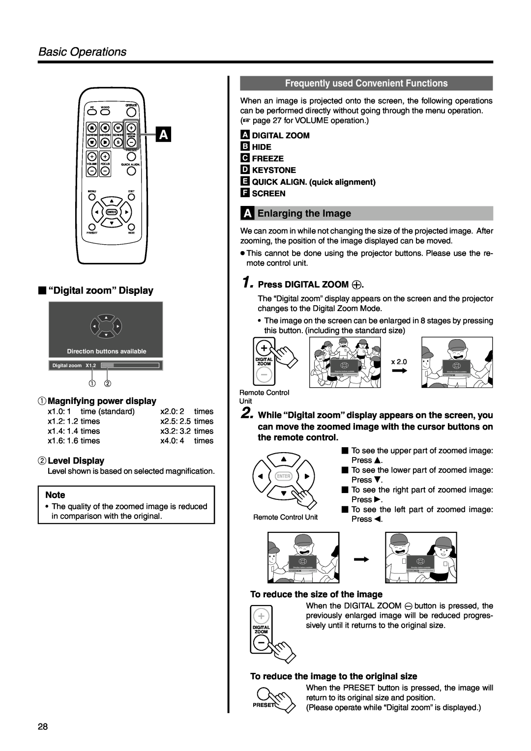 Dukane 28A9017 Basic Operations,  “Digital zoom” Display, Frequently used Convenient Functions, Enlarging the Image 