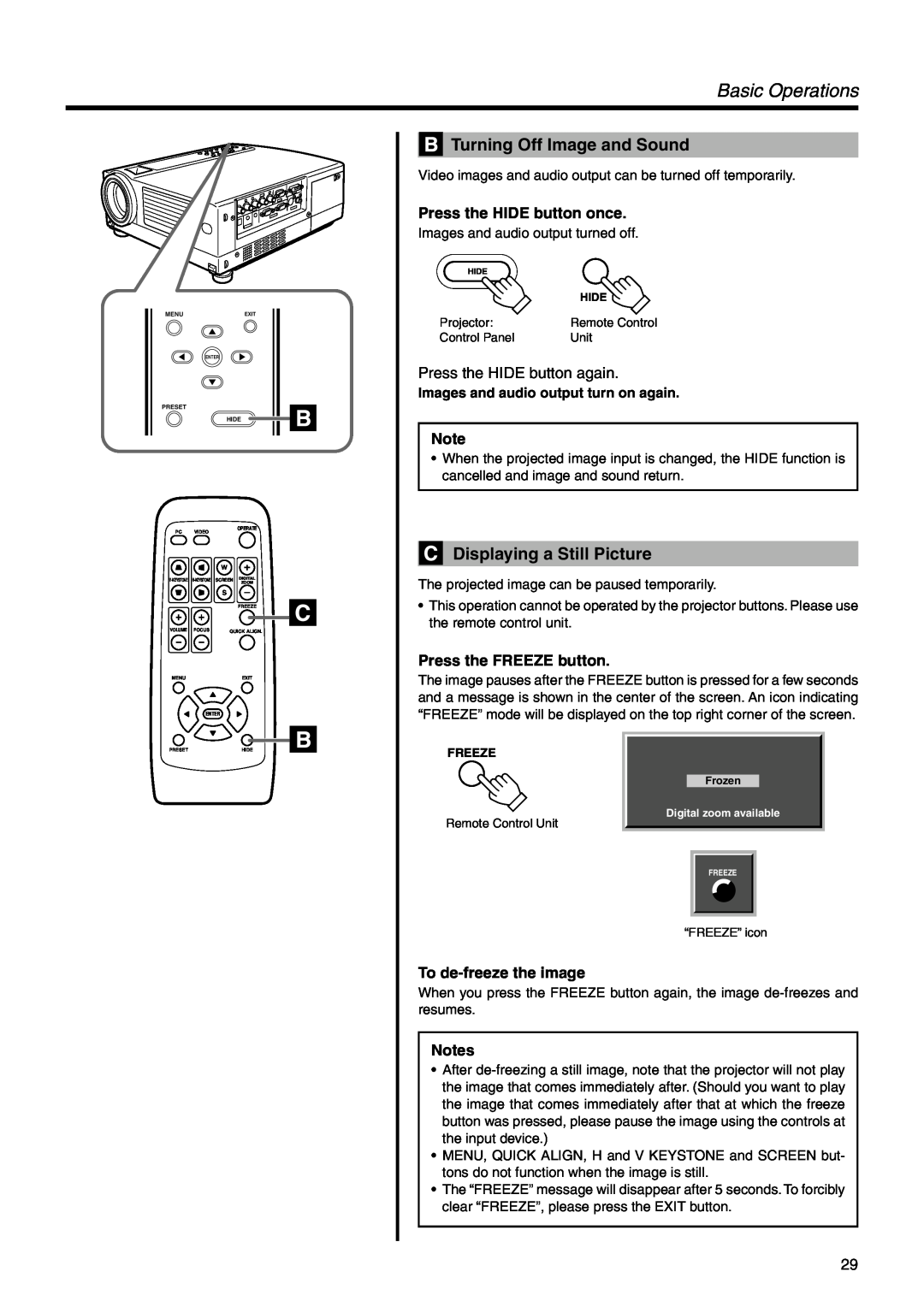 Dukane 28A9017 Basic Operations, Turning Off Image and Sound, Displaying a Still Picture, Press the HIDE button once 