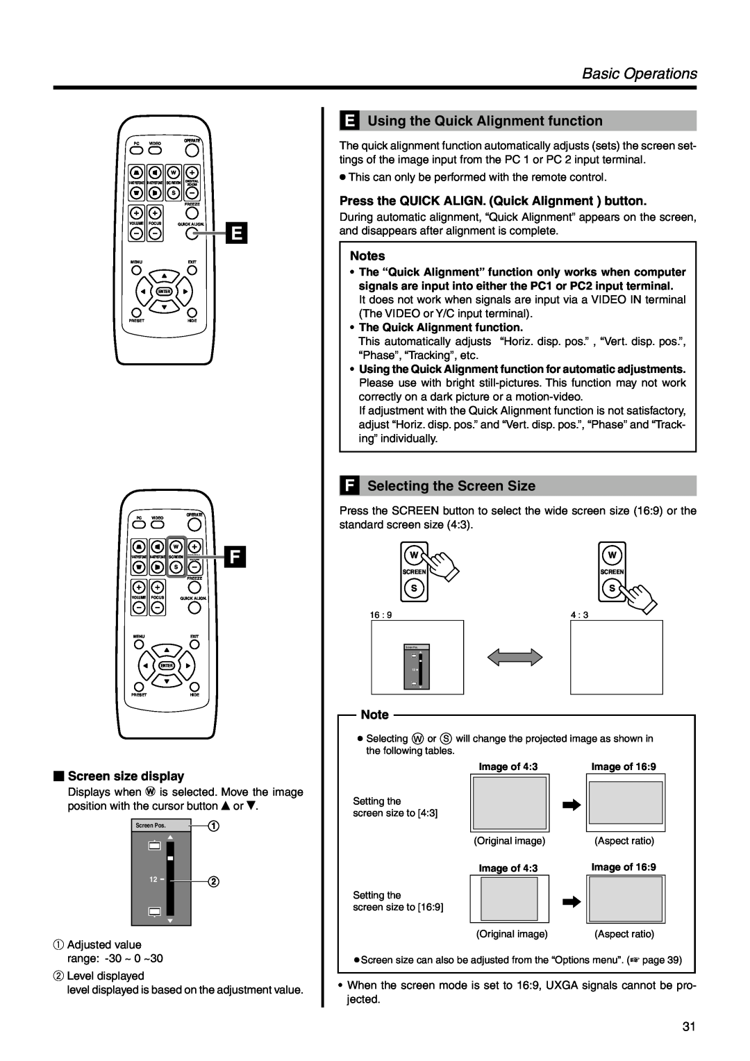 Dukane 28A9017 Basic Operations, Using the Quick Alignment function, Selecting the Screen Size,  Screen size display 