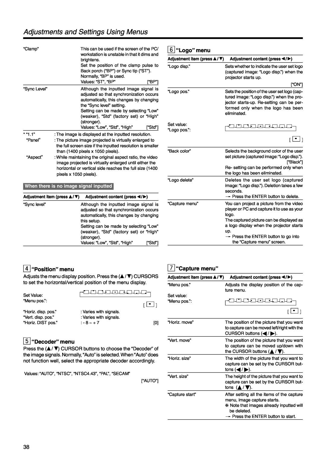 Dukane 28A9017 Adjustments and Settings Using Menus, 6 “Logo” menu, 4 “Position” menu, 5 “Decoder” menu, 7 “Capture menu” 