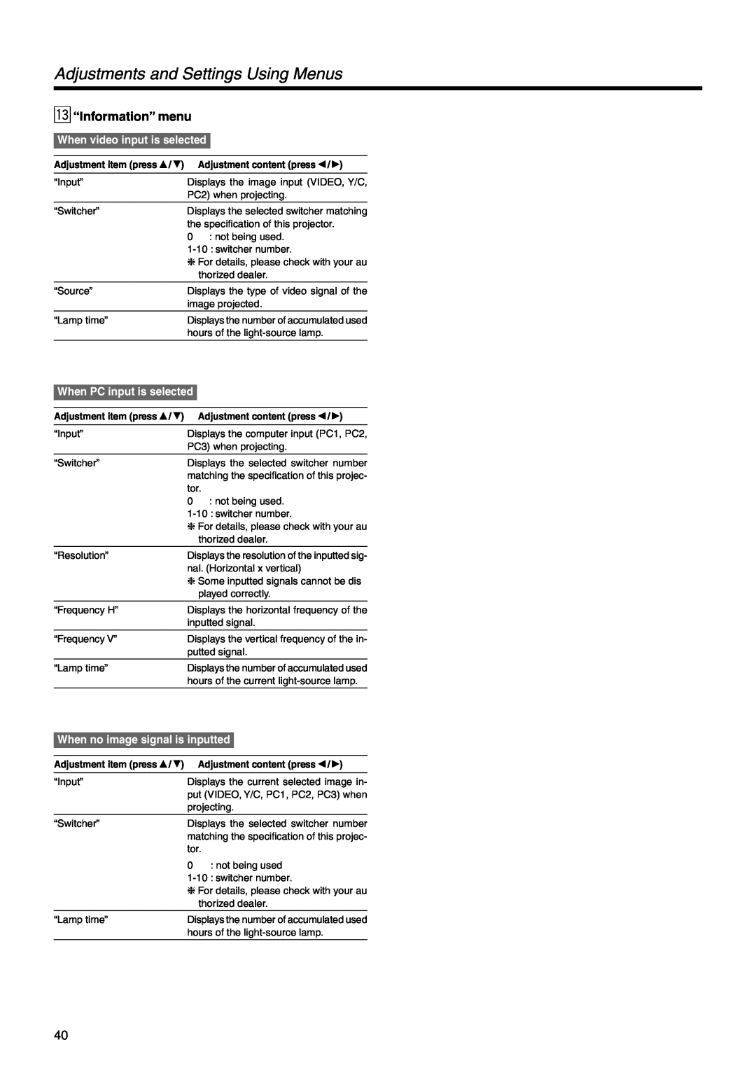 Dukane 28A9017 user manual Adjustments and Settings Using Menus, e “Information” menu, When video input is selected 