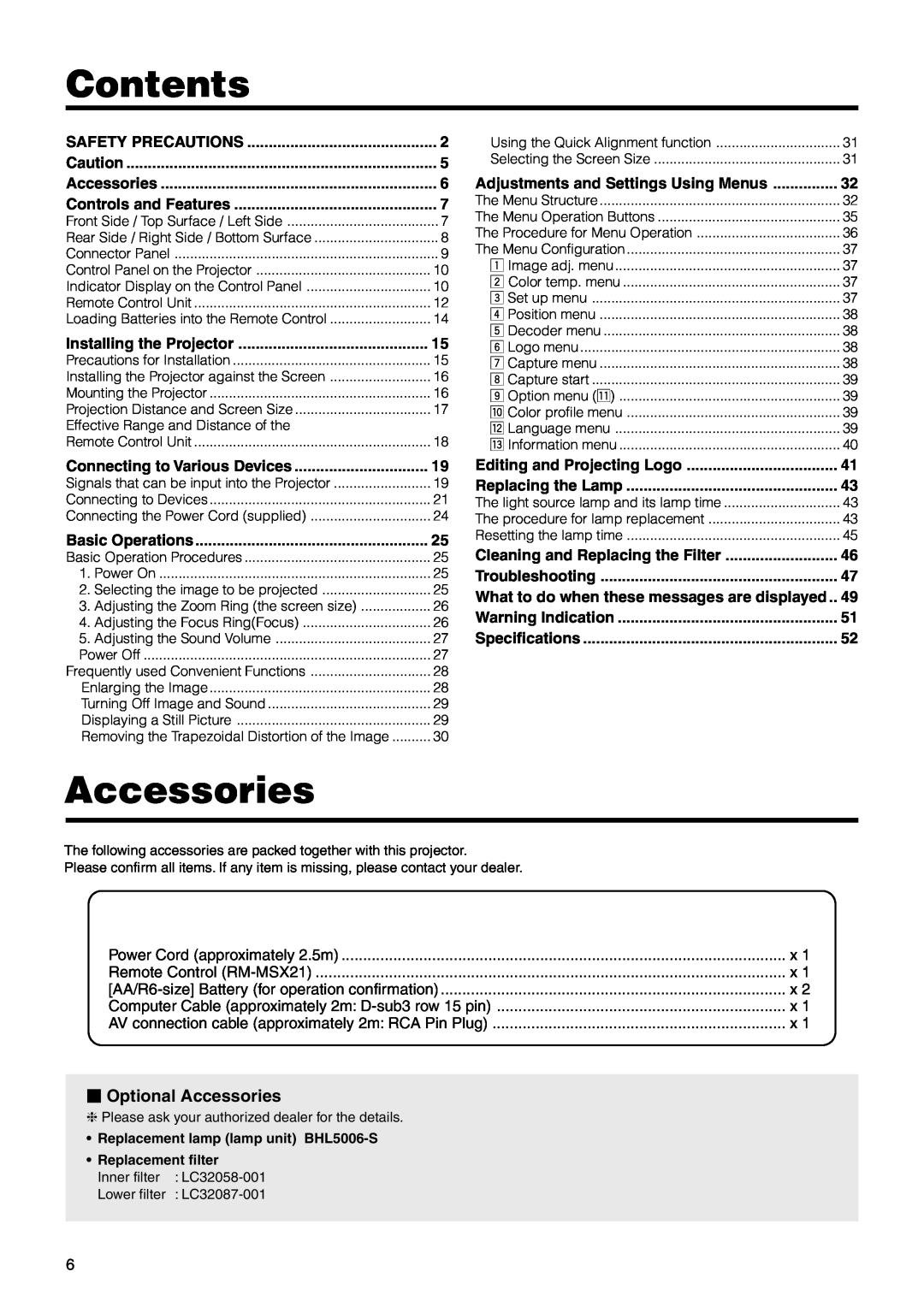 Dukane 28A9017 user manual Contents,  Optional Accessories, Adjustments and Settings Using Menus, Safety Precautions 