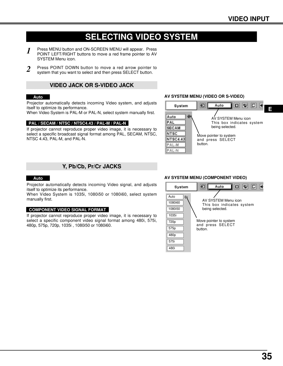 Dukane 28A8945 Selecting Video System, Video Input, Auto, AV System Menu Video or S-VIDEO, AV System Menu Component Video 