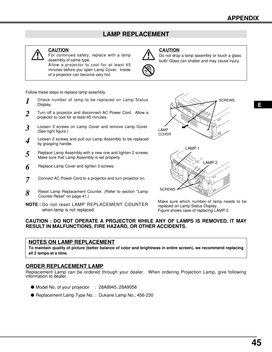 Dukane 28A8945, 28A9058 manual Appendix Lamp Replacement, Order Replacement Lamp 