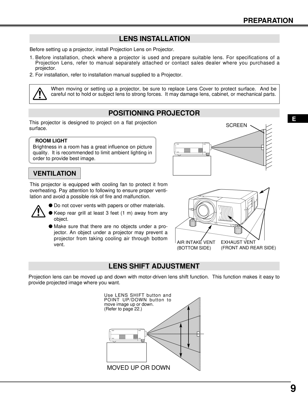 Dukane 28A8945, 28A9058 manual Preparation Lens Installation, Positioning Projector, Lens Shift Adjustment 