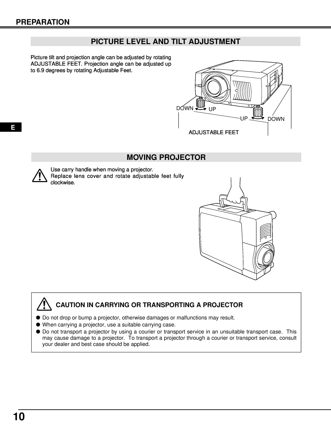 Dukane 28A9058, 28A8945 manual Preparation Picture Level And Tilt Adjustment, Moving Projector 
