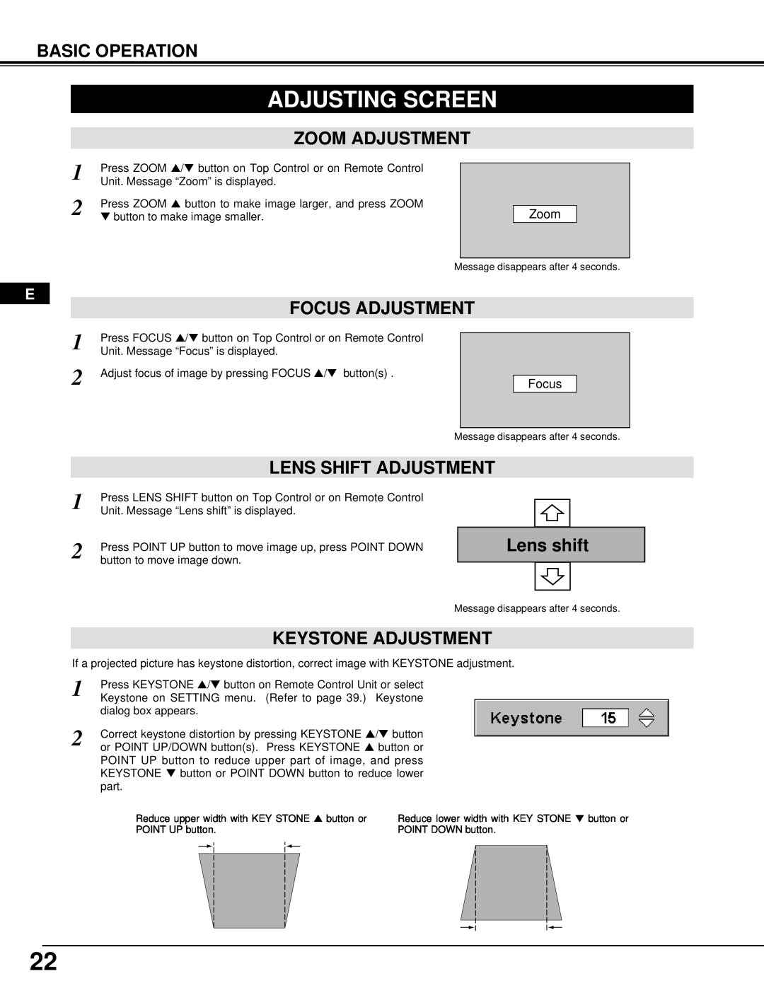 Dukane 28A9058 manual Adjusting Screen, Zoom Adjustment, Focus Adjustment, Lens shift, Keystone Adjustment, Basic Operation 