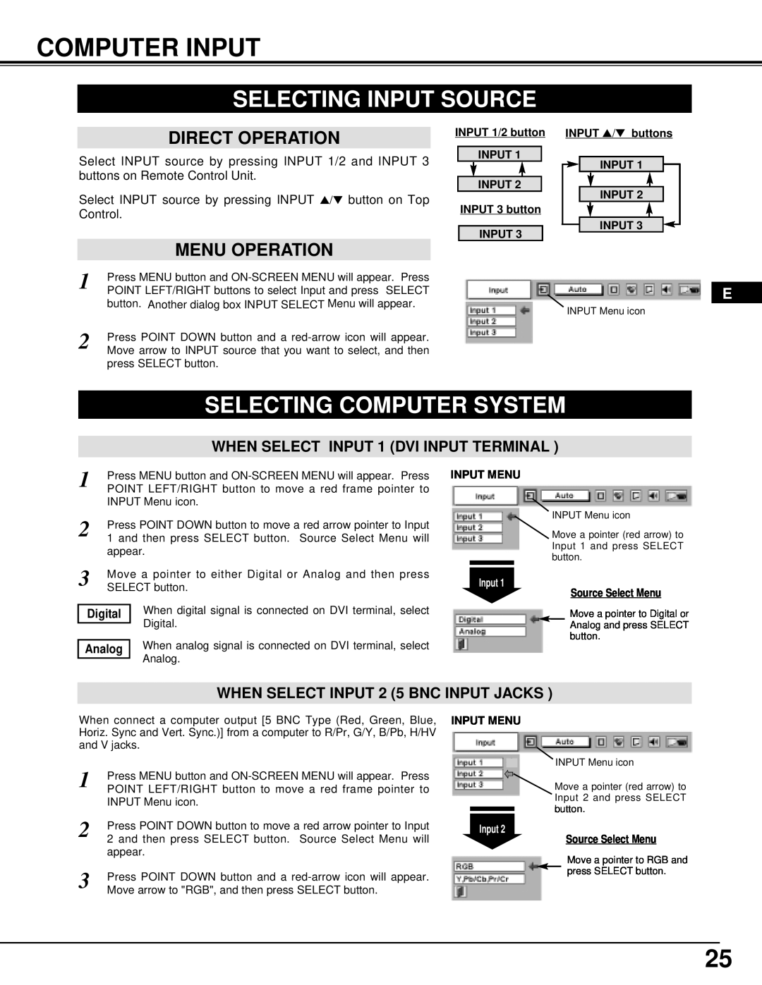 Dukane 28A8945 manual Computer Input, Selecting Input Source, Selecting Computer System, Direct Operation, Menu Operation 