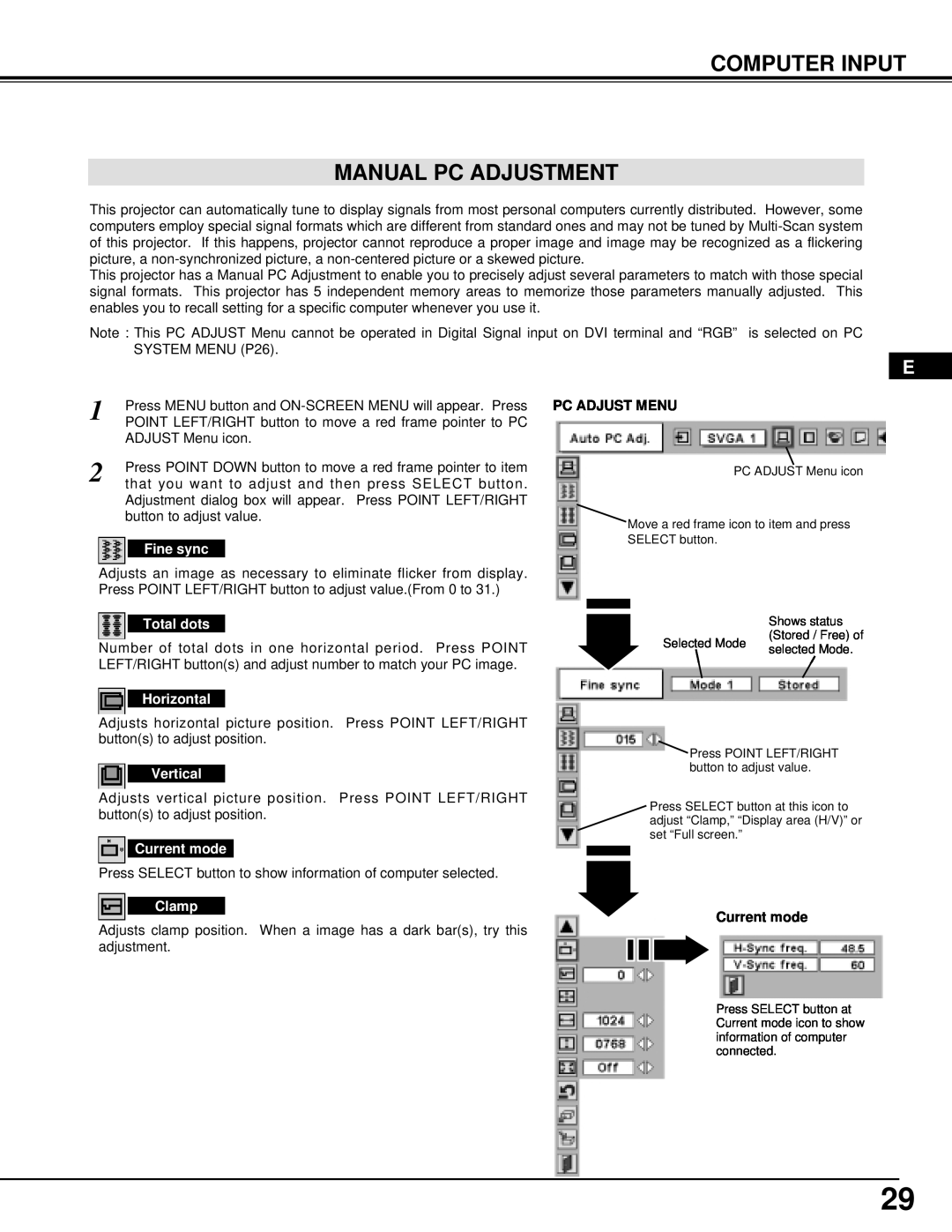 Dukane 28A8945 manual Computer Input Manual Pc Adjustment, Fine sync, Total dots, Horizontal, Vertical, Current mode, Clamp 