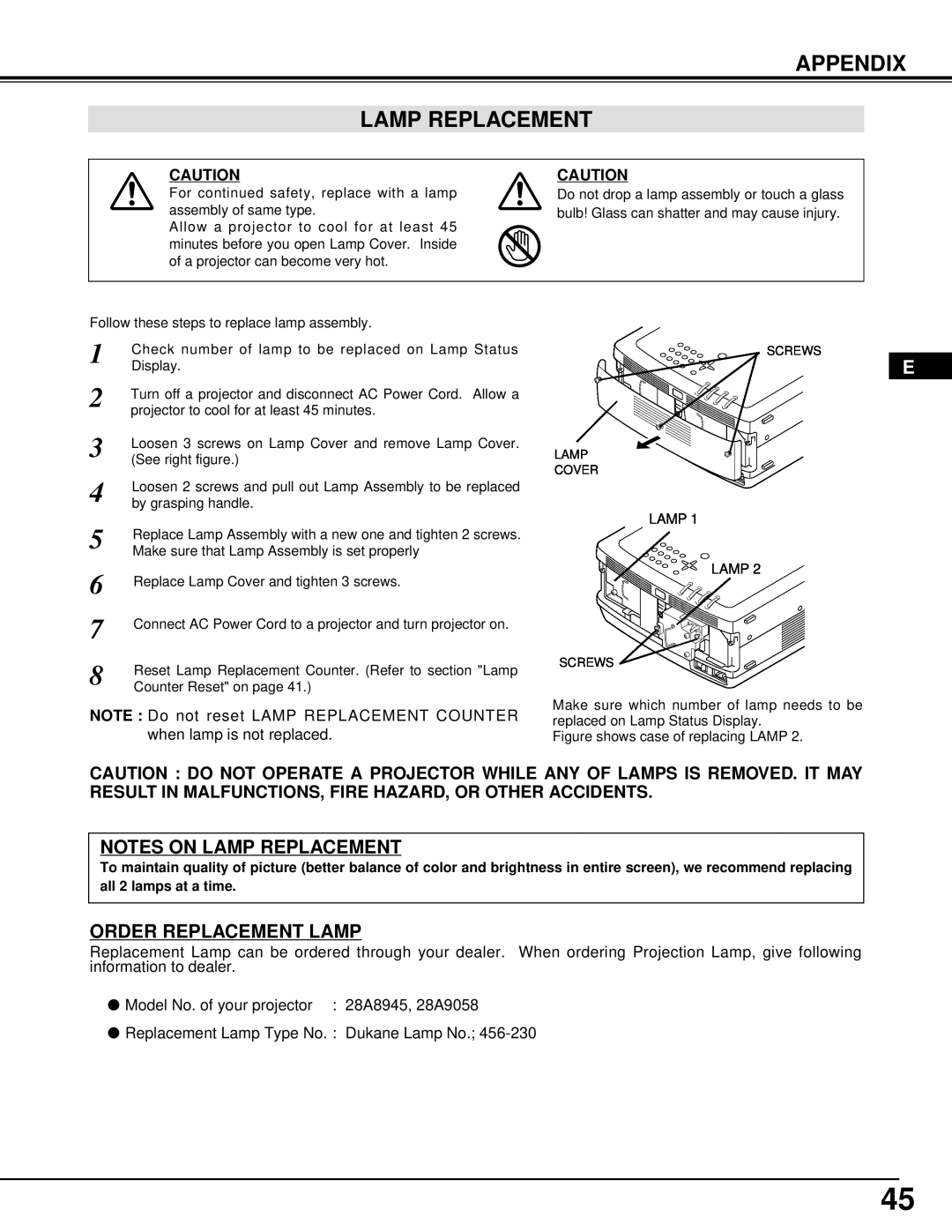 Dukane 28A8945, 28A9058 manual Appendix Lamp Replacement, Notes On Lamp Replacement, Order Replacement Lamp 